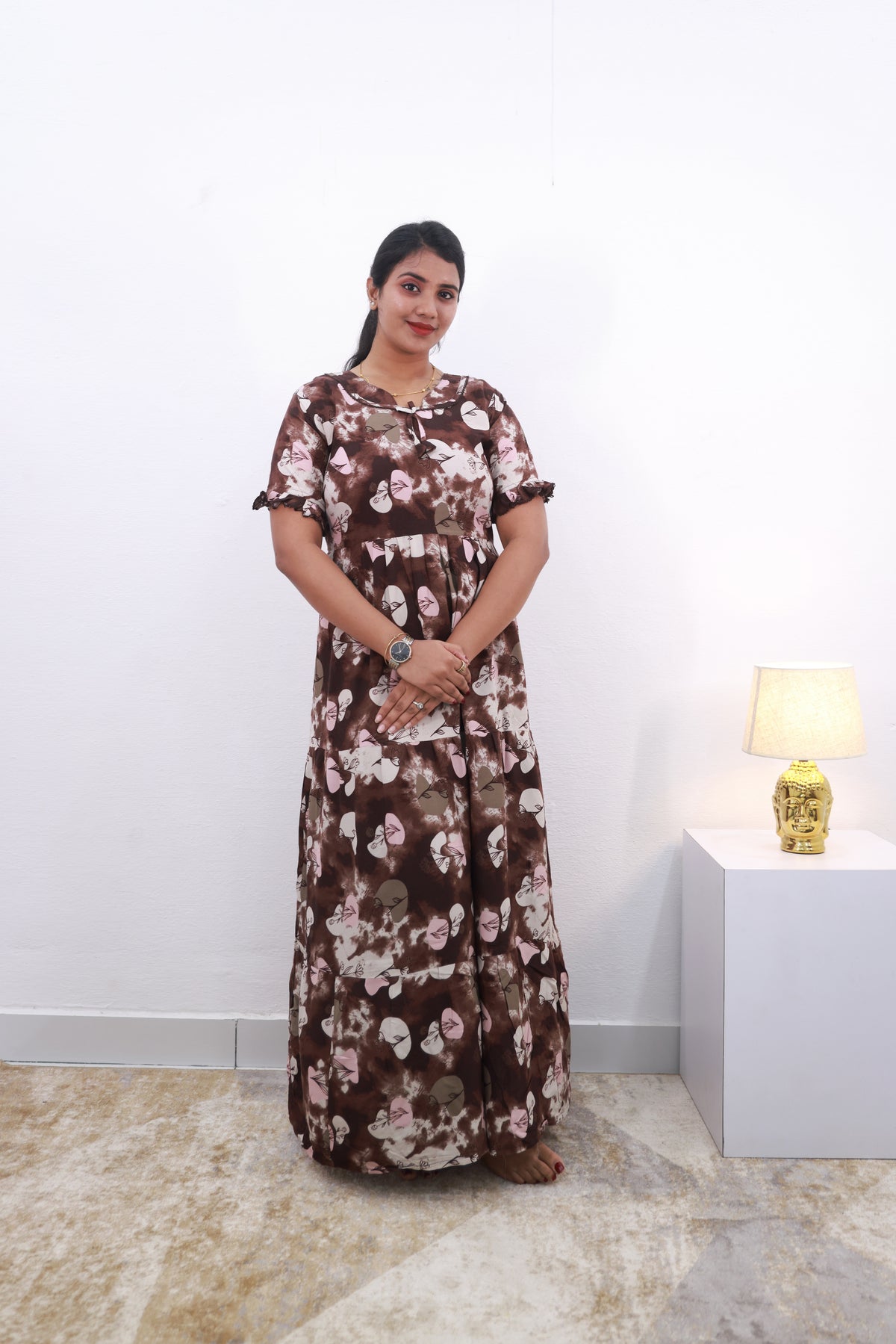 Mangai 3 Layer Frock Model Nighties Soft and smooth Premium Quality Rayon Material , Fancy Frilled Sleeve Side Pocket , Back tie Rope Stylish Collection's for Trendy Women's (MRK)