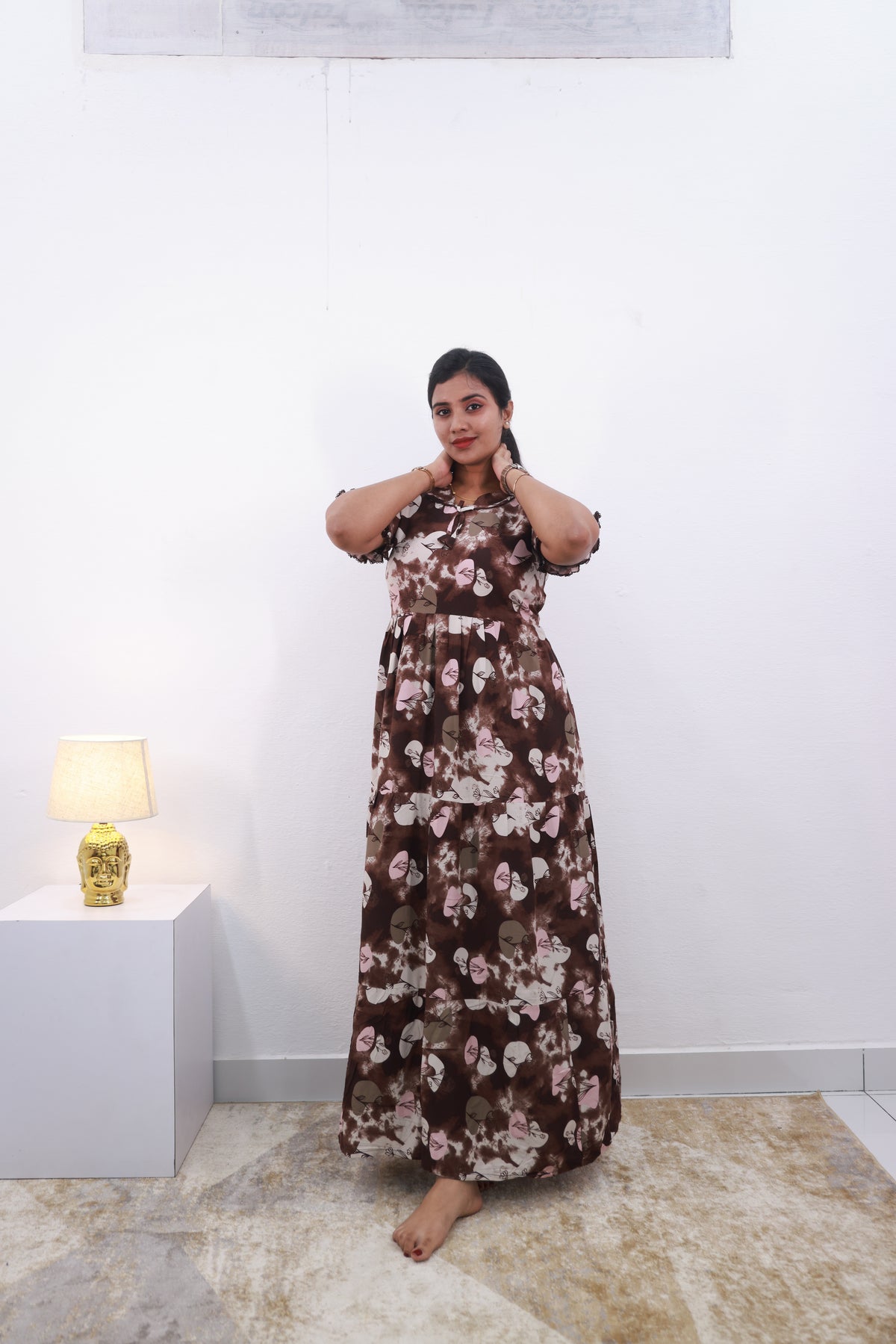 Mangai 3 Layer Frock Model Nighties Soft and smooth Premium Quality Rayon Material , Fancy Frilled Sleeve Side Pocket , Back tie Rope Stylish Collection's for Trendy Women's (MRK)