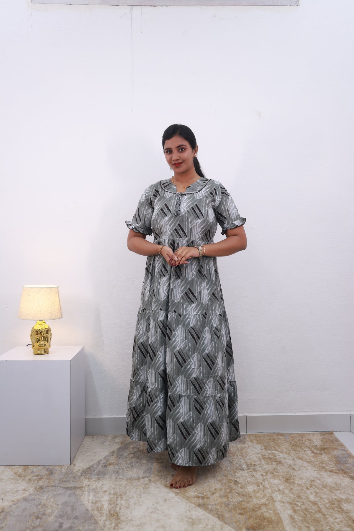 Mangai 3 Layer Frock Model Nighties Soft and Smooth Premium Quality Rayon Material , Fancy Frilled Sleeve Side Pocket , Back tie Rope Stylish Collection's for Trendy Women's (MRK)