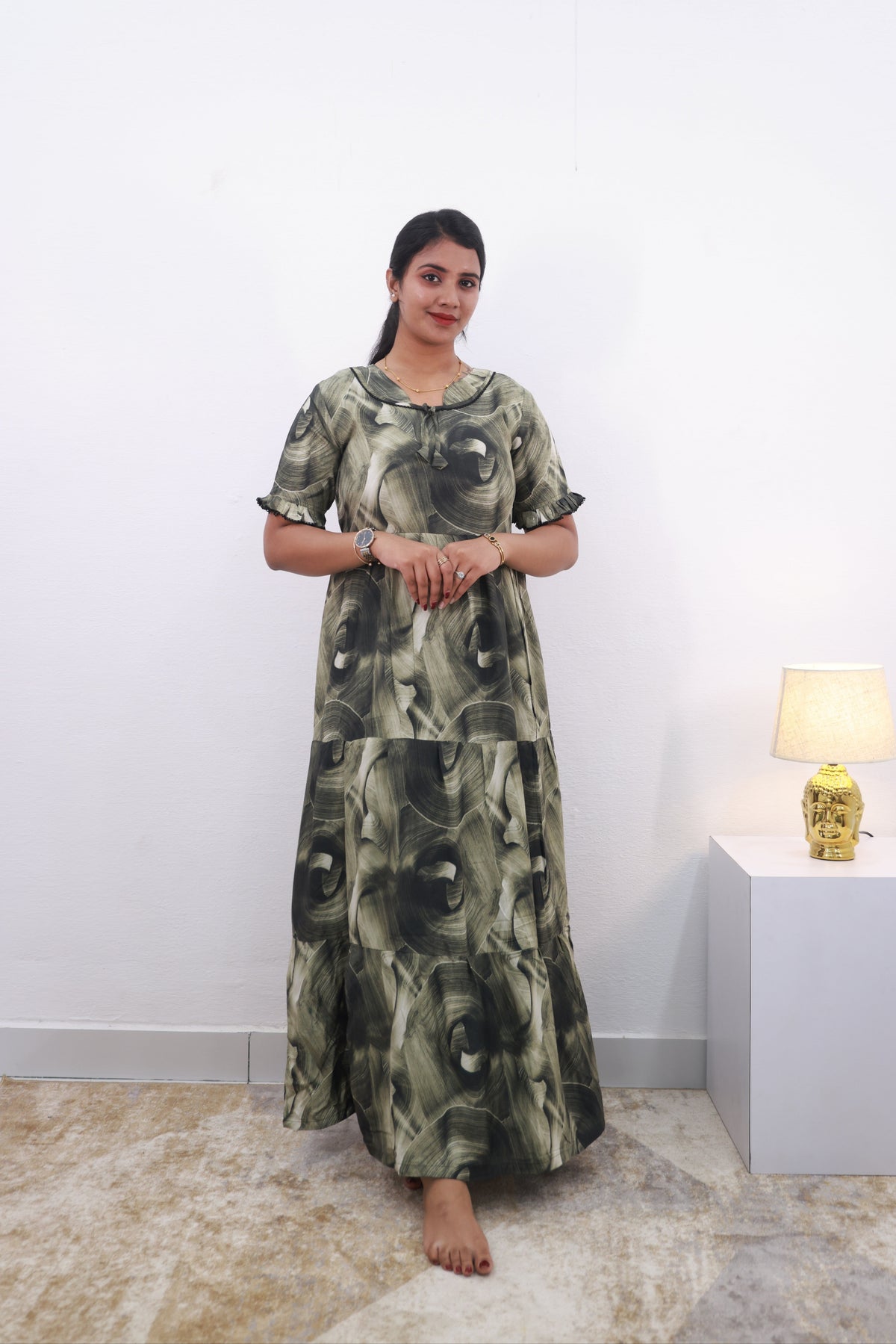 Mangai 3 Layer Frock Model Nighties Soft and Smooth Premium Quality Rayon Material , Fancy Frilled Sleeve Side Pocket , Back tie Rope Stylish Collection's for Trendy Women's (MRK)