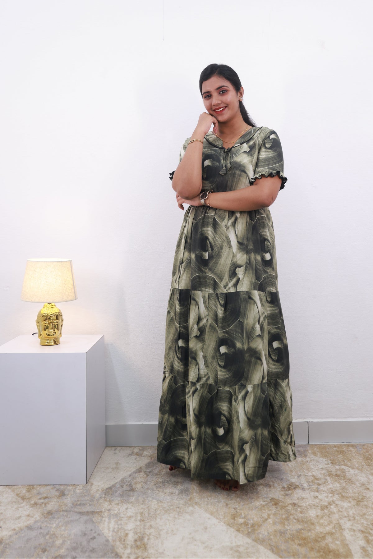 Mangai 3 Layer Frock Model Nighties Soft and Smooth Premium Quality Rayon Material , Fancy Frilled Sleeve Side Pocket , Back tie Rope Stylish Collection's for Trendy Women's (MRK)