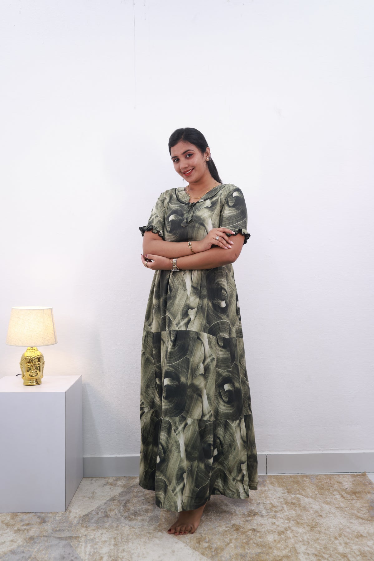 Mangai 3 Layer Frock Model Nighties Soft and Smooth Premium Quality Rayon Material , Fancy Frilled Sleeve Side Pocket , Back tie Rope Stylish Collection's for Trendy Women's (MRK)