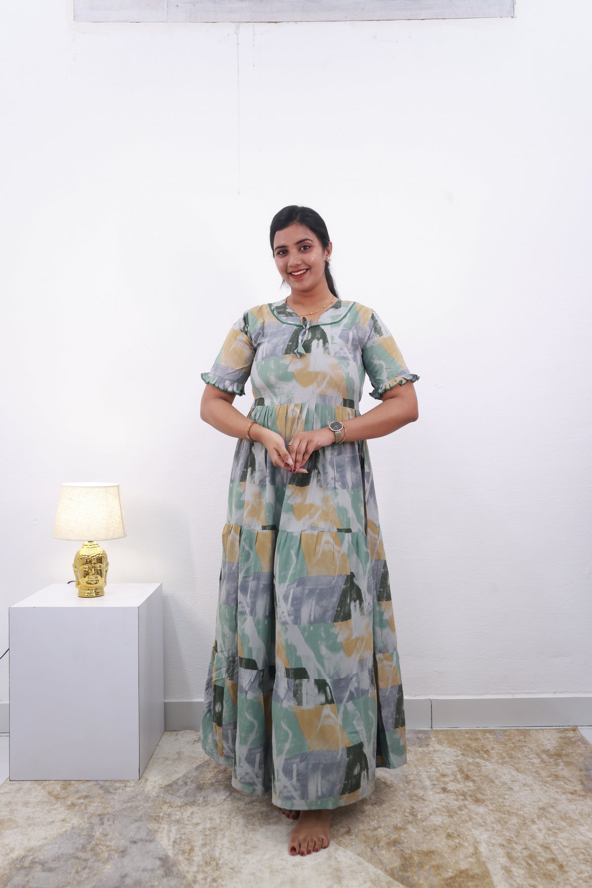 Mangai 3 Layer Frock Model Nighties Soft and smooth Premium Quality Rayon Material , Fancy Frilled Sleeve Side Pocket , Back tie Rope Stylish Collection's for Trendy Women's (MRK)