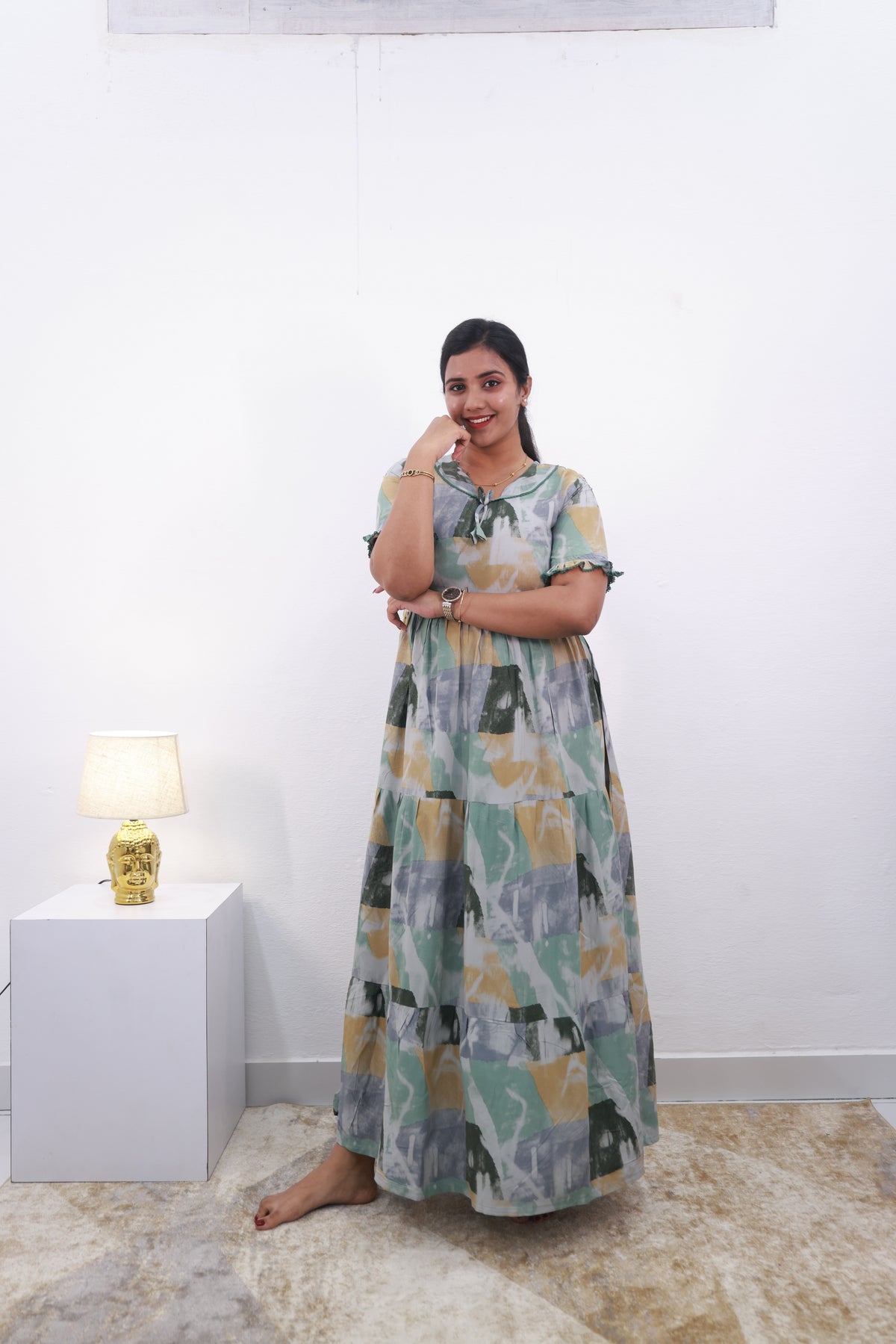 Mangai 3 Layer Frock Model Nighties Soft and smooth Premium Quality Rayon Material , Fancy Frilled Sleeve Side Pocket , Back tie Rope Stylish Collection's for Trendy Women's (MRK)