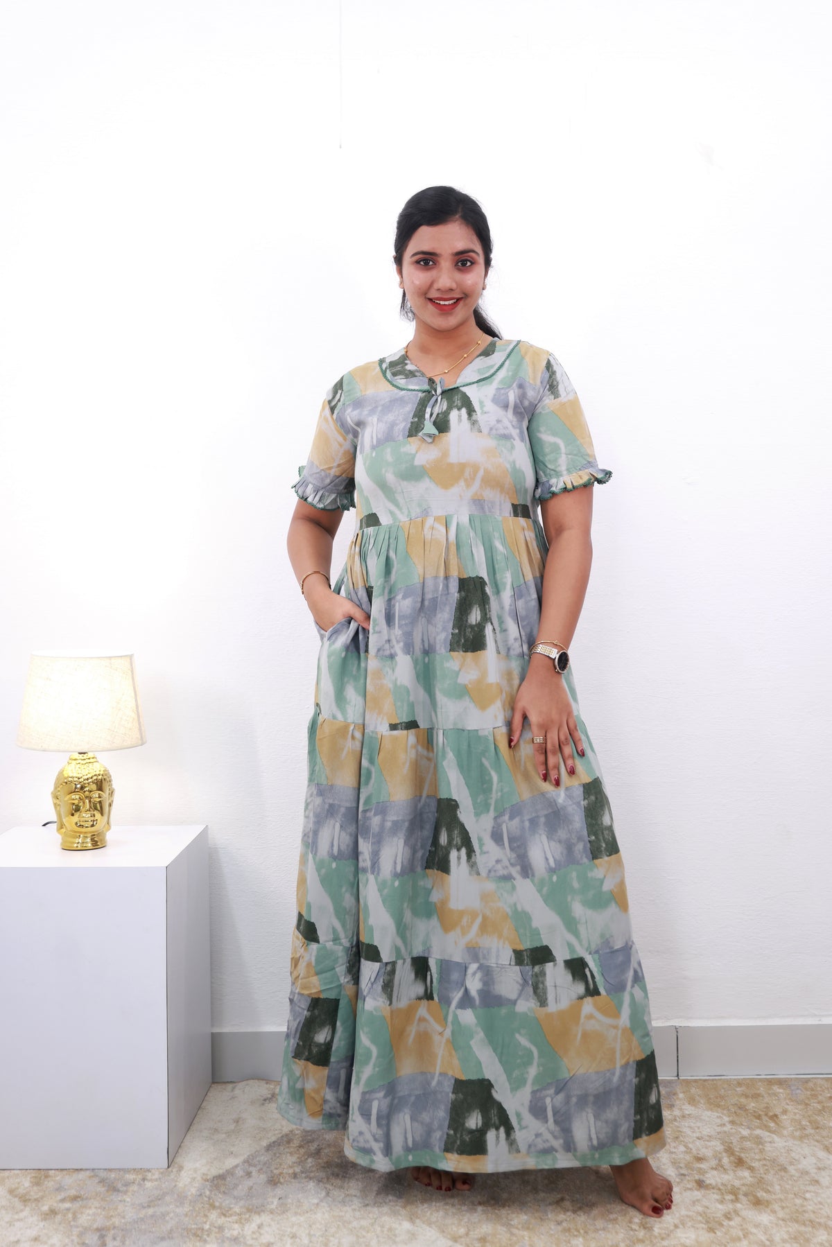 Mangai 3 Layer Frock Model Nighties Soft and smooth Premium Quality Rayon Material , Fancy Frilled Sleeve Side Pocket , Back tie Rope Stylish Collection's for Trendy Women's (MRK)