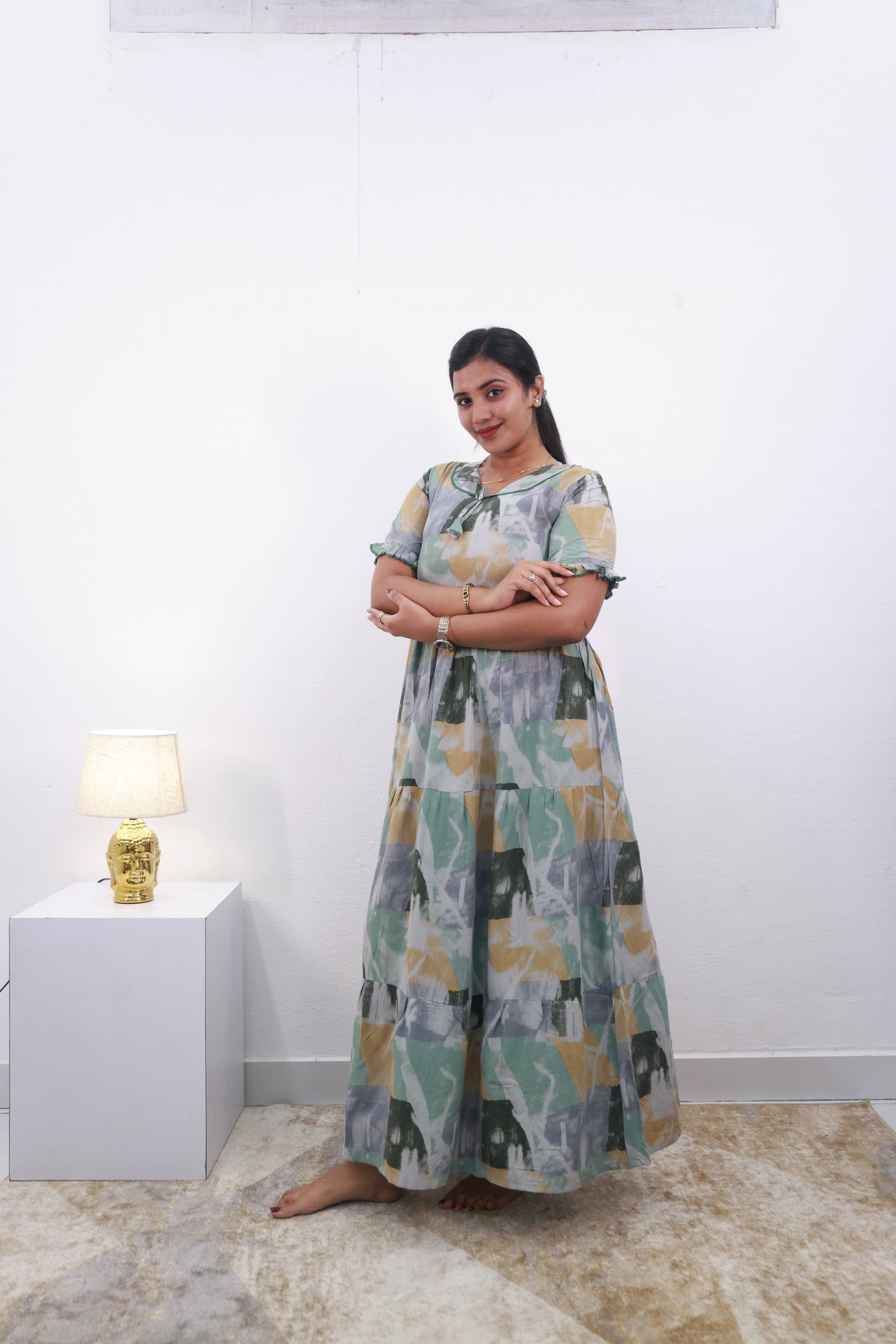 Mangai 3 Layer Frock Model Nighties Soft and smooth Premium Quality Rayon Material , Fancy Frilled Sleeve Side Pocket , Back tie Rope Stylish Collection's for Trendy Women's (MRK)