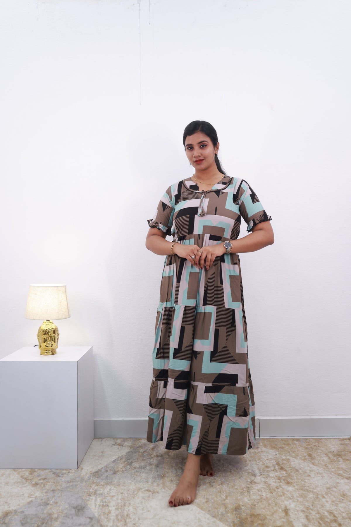 Mangai 3 Layer Frock Model Nighties Soft and Smooth Premium Quality Rayon Material , Fancy Frilled Sleeve Side Pocket , Back tie Rope Stylish Collection's for Trendy Women's (MRK)