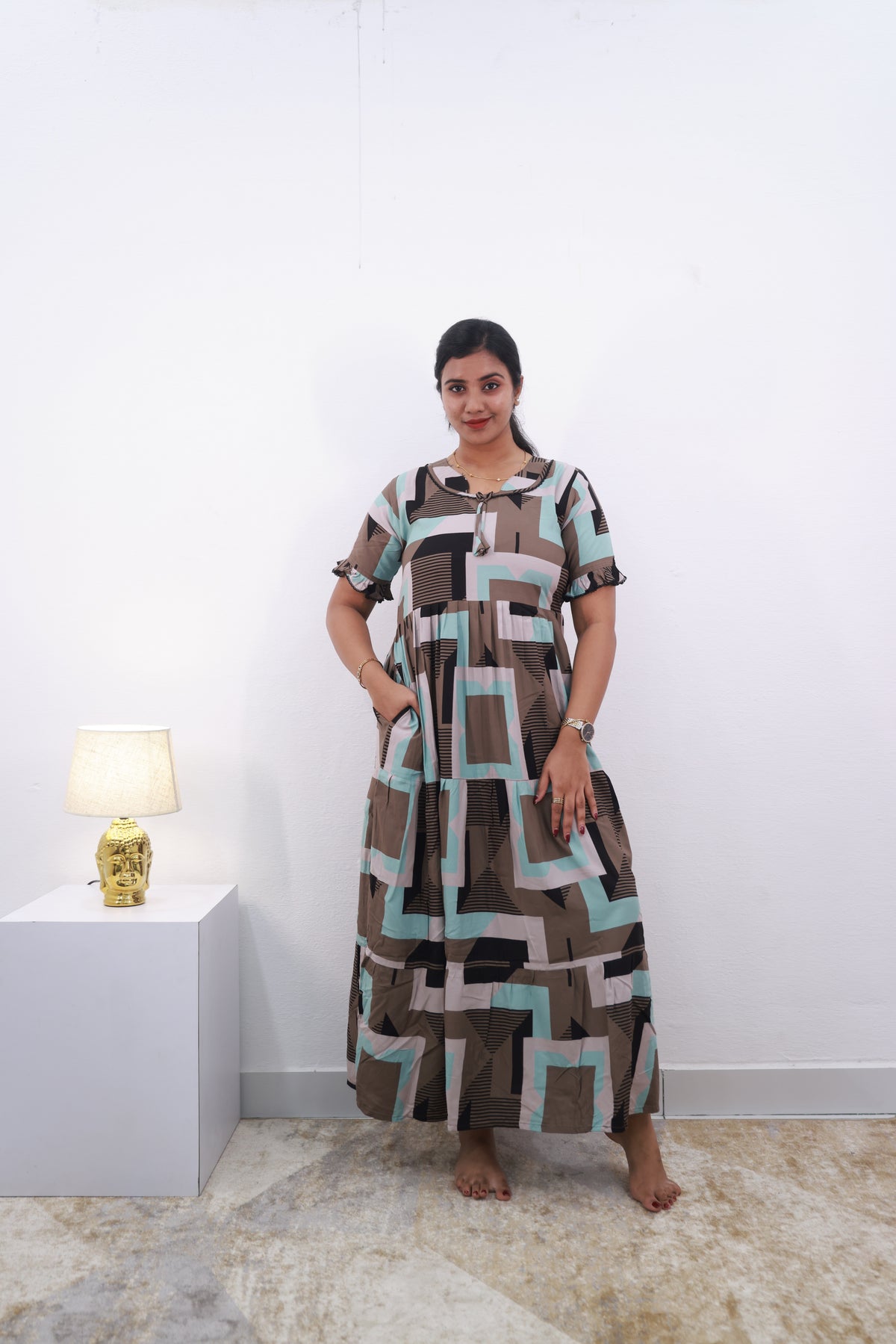 Mangai 3 Layer Frock Model Nighties Soft and Smooth Premium Quality Rayon Material , Fancy Frilled Sleeve Side Pocket , Back tie Rope Stylish Collection's for Trendy Women's (MRK)