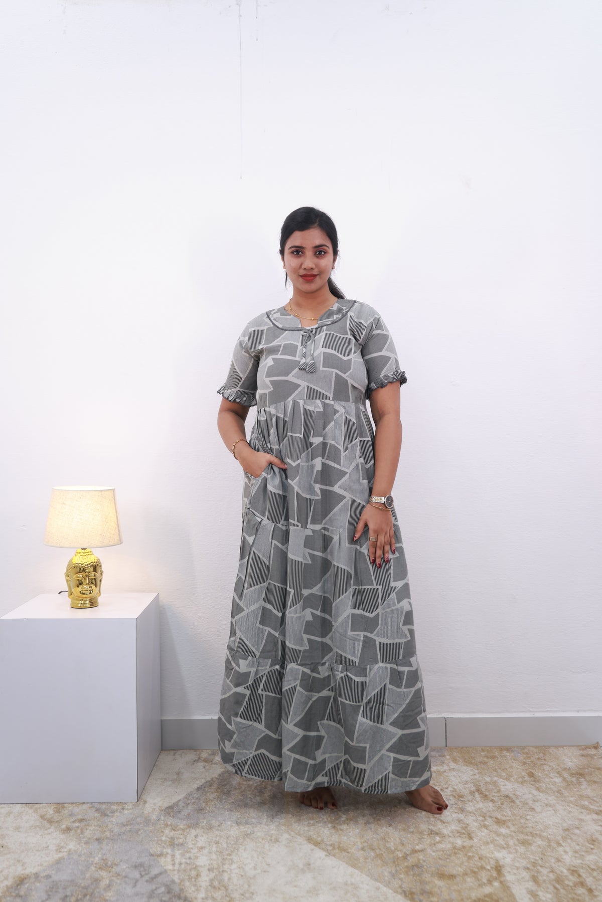 Mangai 3 Layer Frock Model Nighties Soft and Smooth Premium Quality Rayon Material , Fancy Frilled Sleeve Side Pocket , Back tie Rope Stylish Collection's for Trendy Women's (MRK)