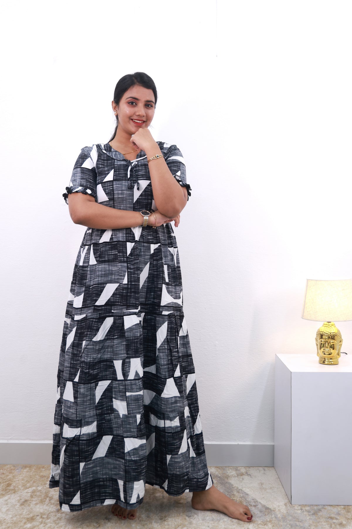 Mangai 3 Layer Frock Model Nighties Soft and smooth Premium Quality Rayon Material , Fancy Frilled Sleeve Side Pocket , Back tie Rope Stylish Collection's for Trendy Women's (MRK)