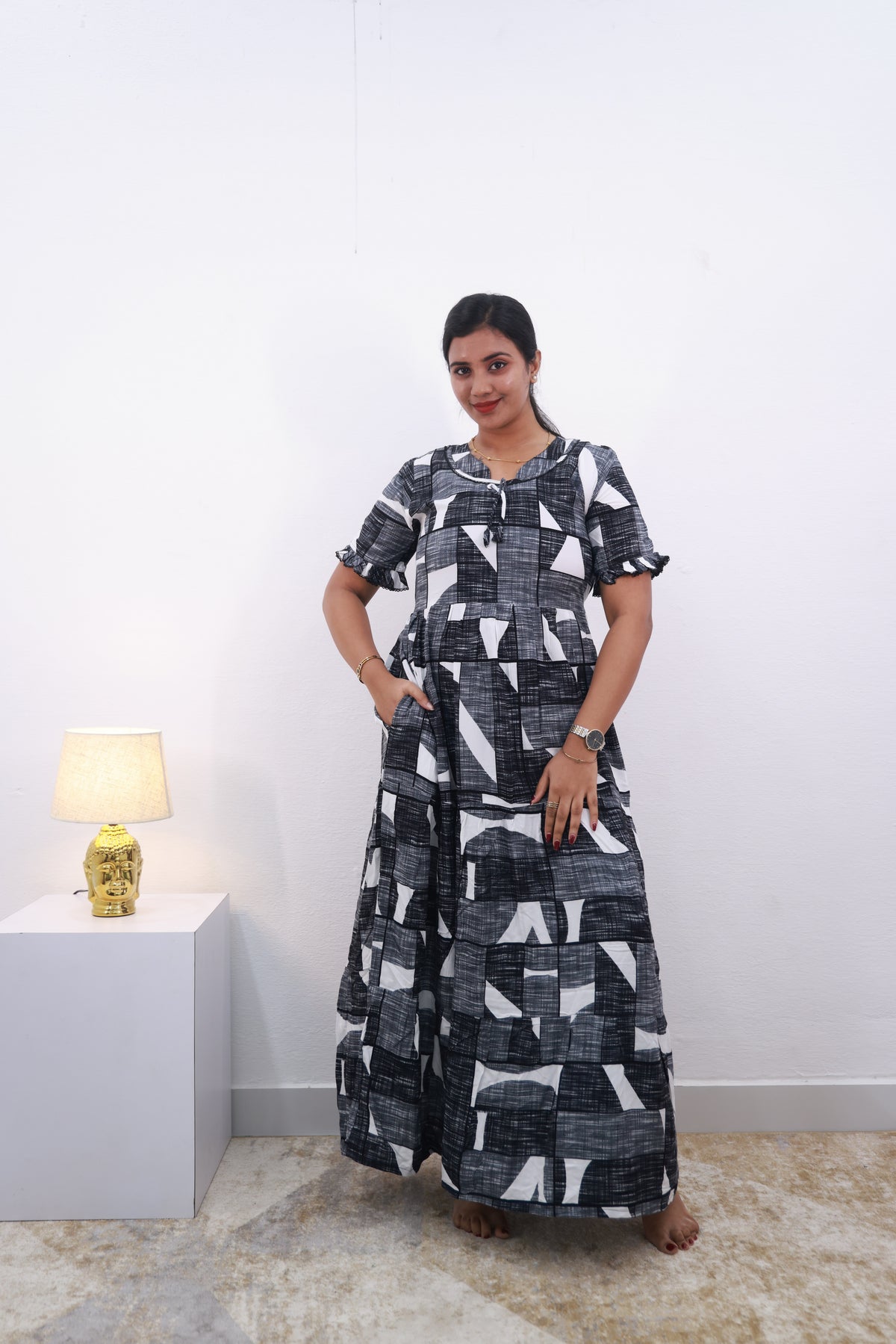 Mangai 3 Layer Frock Model Nighties Soft and smooth Premium Quality Rayon Material , Fancy Frilled Sleeve Side Pocket , Back tie Rope Stylish Collection's for Trendy Women's (MRK)