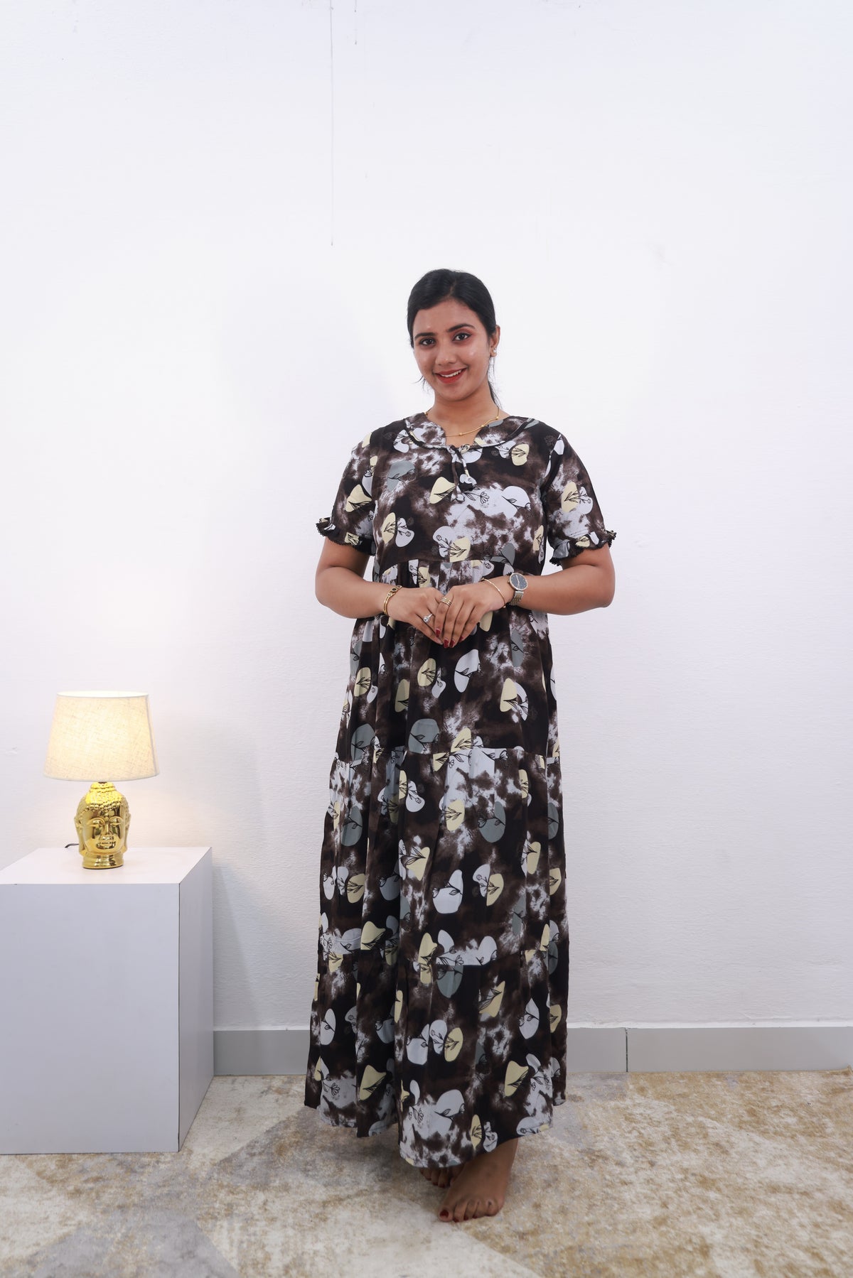 Mangai 3 Layer Frock Model Nighties Soft and smooth Premium Quality Rayon Material , Fancy Frilled Sleeve Side Pocket , Back tie Rope Stylish Collection's for Trendy Women's (MRK)