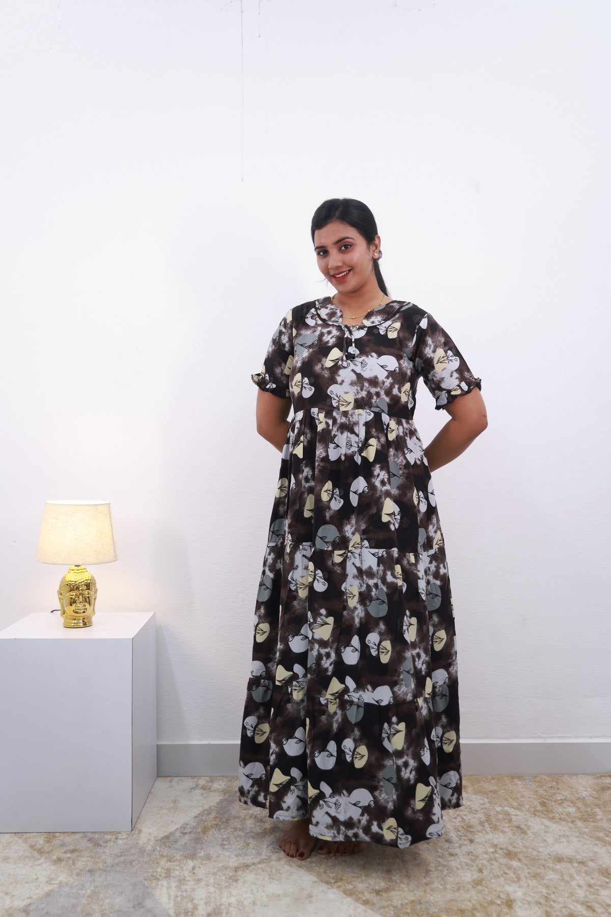 Mangai 3 Layer Frock Model Nighties Soft and smooth Premium Quality Rayon Material , Fancy Frilled Sleeve Side Pocket , Back tie Rope Stylish Collection's for Trendy Women's (MRK)