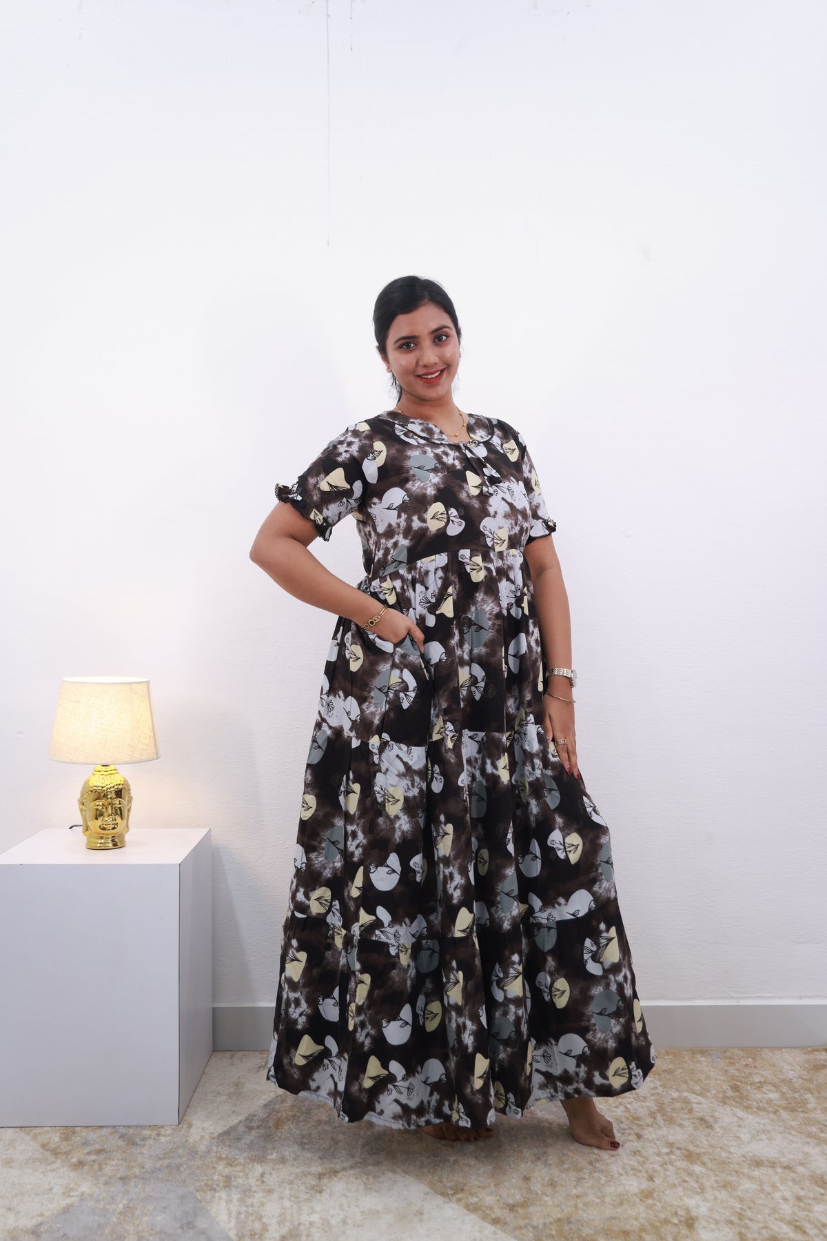 Mangai 3 Layer Frock Model Nighties Soft and smooth Premium Quality Rayon Material , Fancy Frilled Sleeve Side Pocket , Back tie Rope Stylish Collection's for Trendy Women's (MRK)