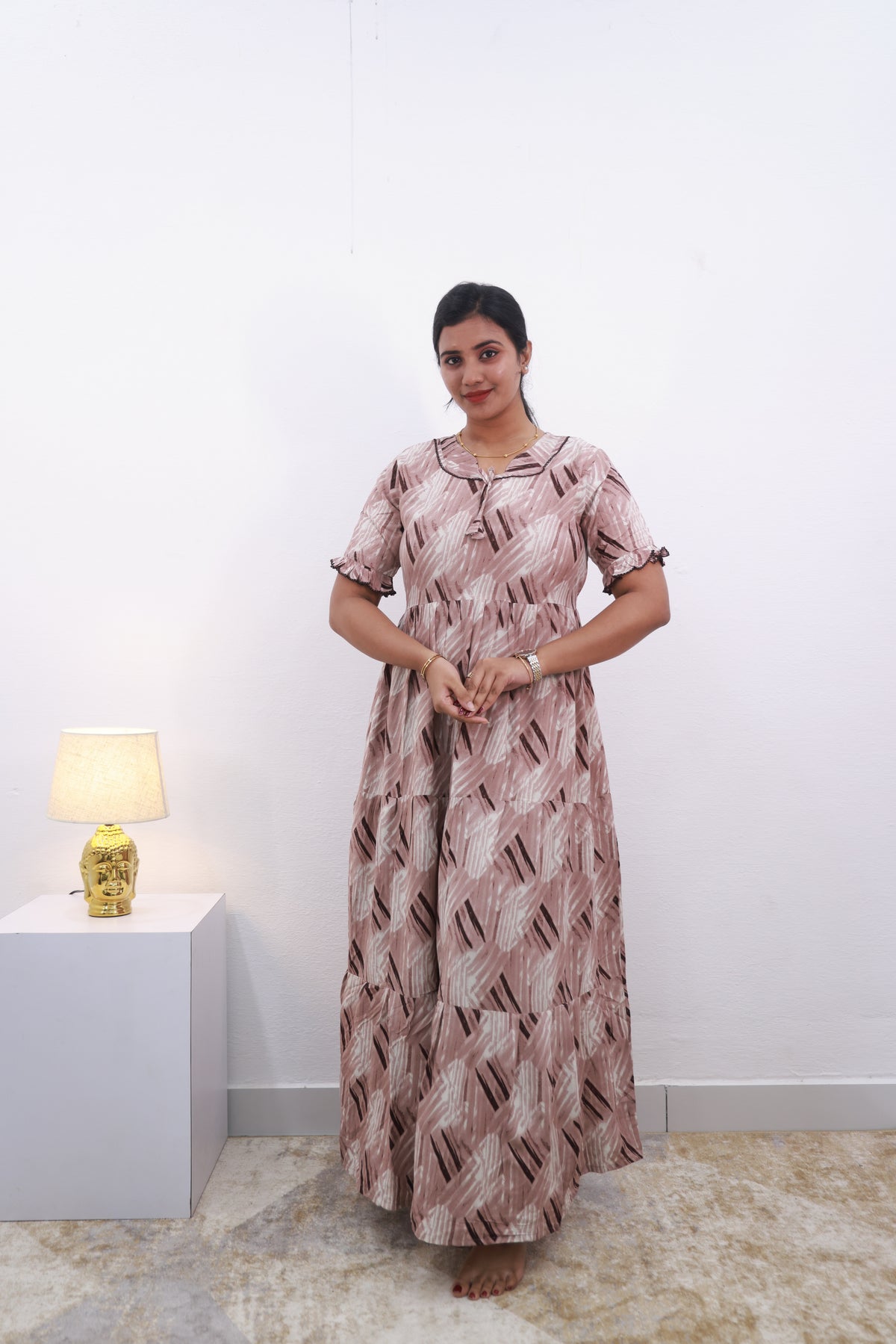 Mangai 3 Layer Frock Model Nighties Soft and Smooth Premium Quality Rayon Material , Fancy Frilled Sleeve Side Pocket , Back tie Rope Stylish Collection's for Trendy Women's (MRK)