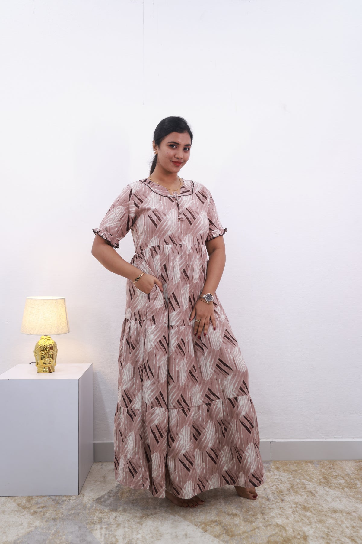 Mangai 3 Layer Frock Model Nighties Soft and Smooth Premium Quality Rayon Material , Fancy Frilled Sleeve Side Pocket , Back tie Rope Stylish Collection's for Trendy Women's (MRK)