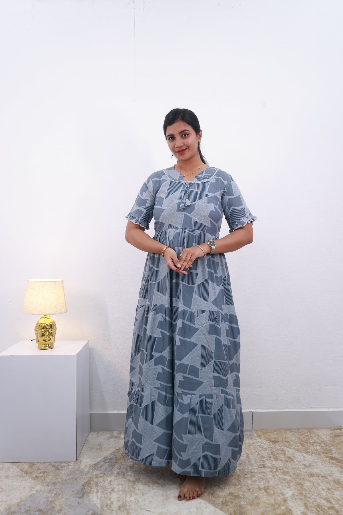 Mangai 3 Layer Frock Model Nighties Soft and Smooth Premium Quality Rayon Material , Fancy Frilled Sleeve Side Pocket , Back tie Rope Stylish Collection's for Trendy Women's (MRK)