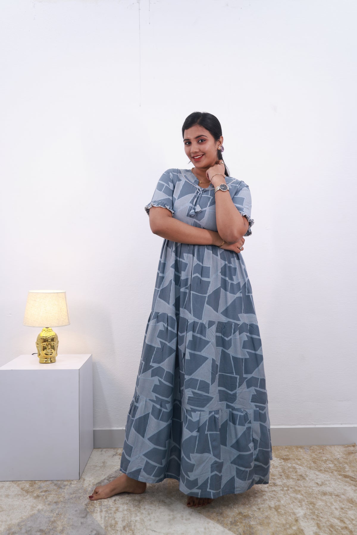 Mangai 3 Layer Frock Model Nighties Soft and Smooth Premium Quality Rayon Material , Fancy Frilled Sleeve Side Pocket , Back tie Rope Stylish Collection's for Trendy Women's (MRK)