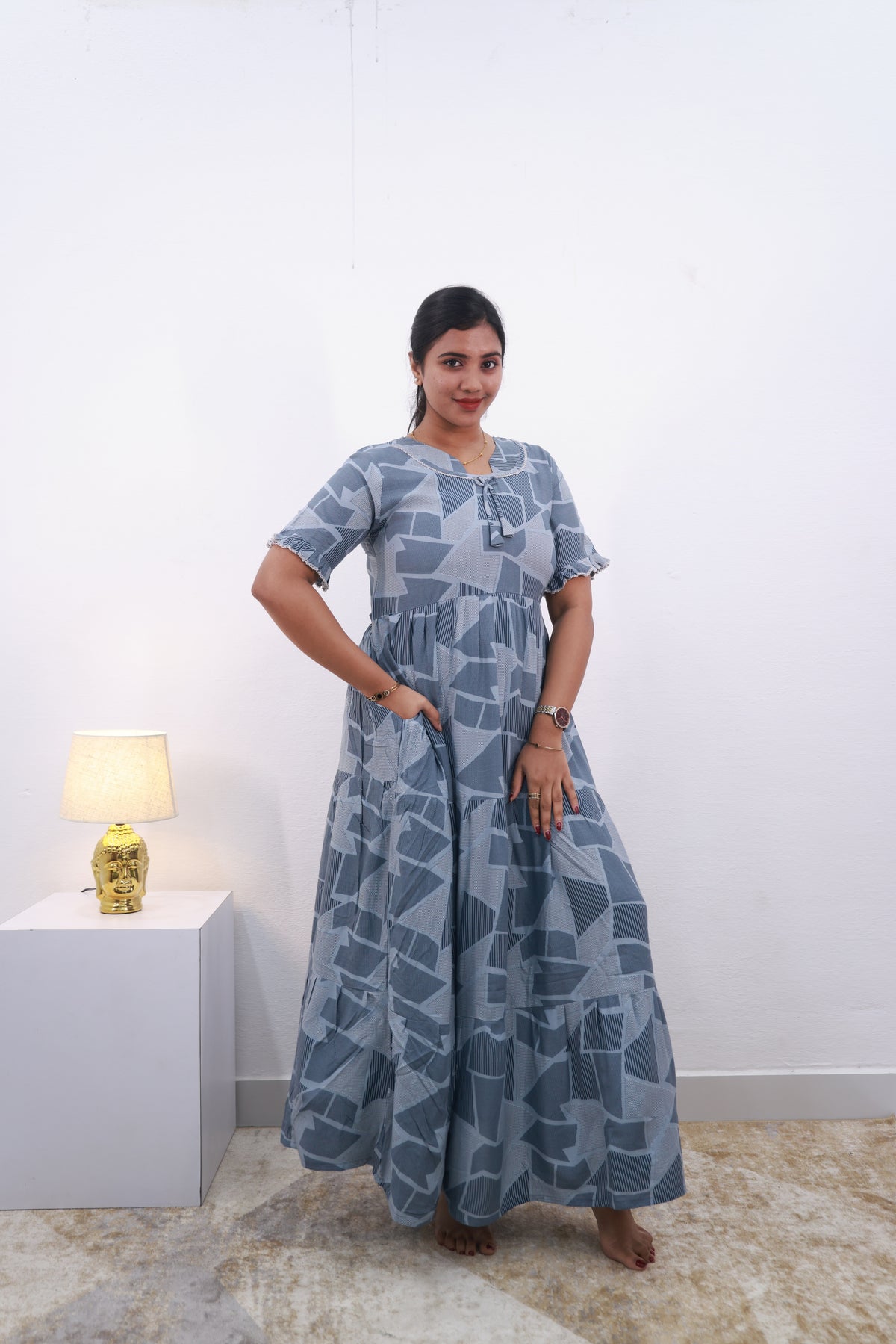 Mangai 3 Layer Frock Model Nighties Soft and Smooth Premium Quality Rayon Material , Fancy Frilled Sleeve Side Pocket , Back tie Rope Stylish Collection's for Trendy Women's (MRK)