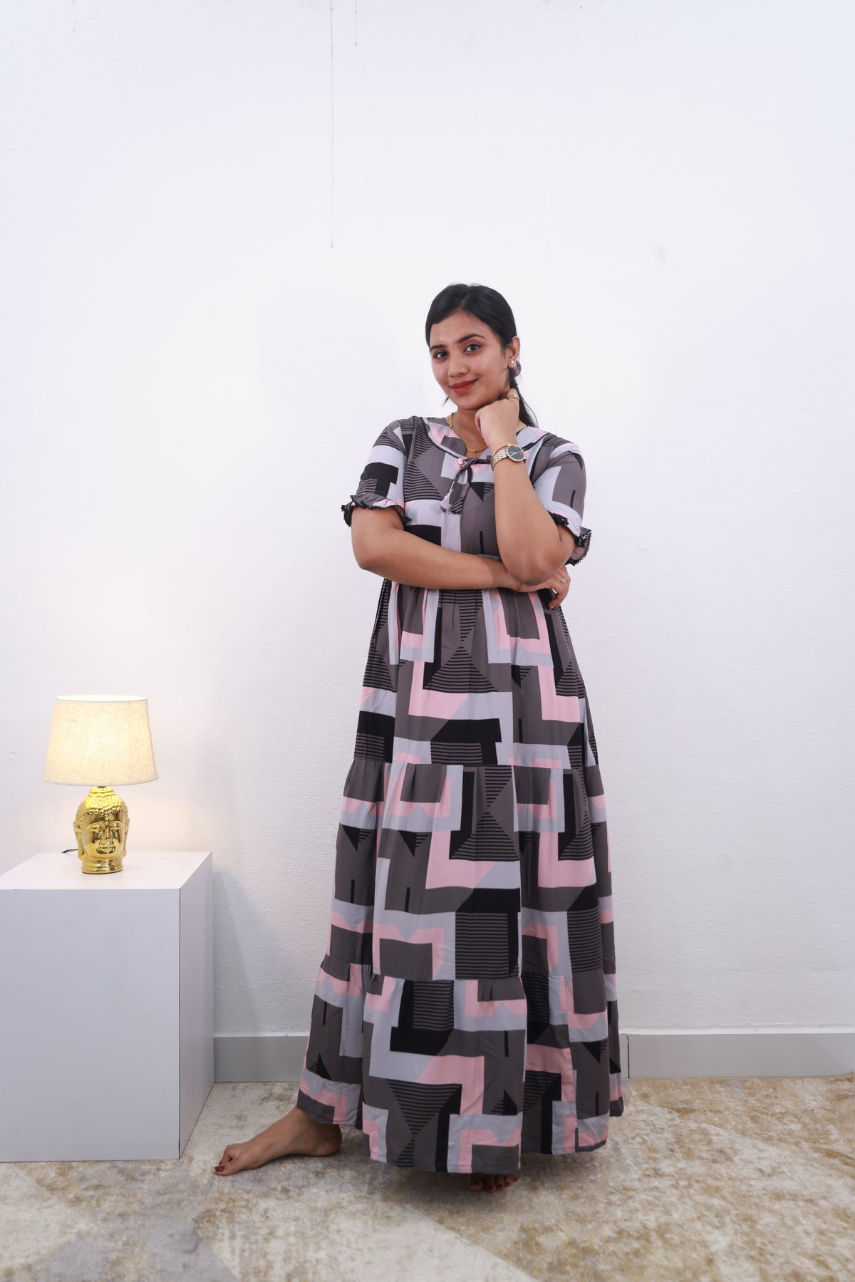 Mangai 3 Layer Frock Model Nighties Soft and Smooth Premium Quality Rayon Material , Fancy Frilled Sleeve Side Pocket , Back tie Rope Stylish Collection's for Trendy Women's (MRK)