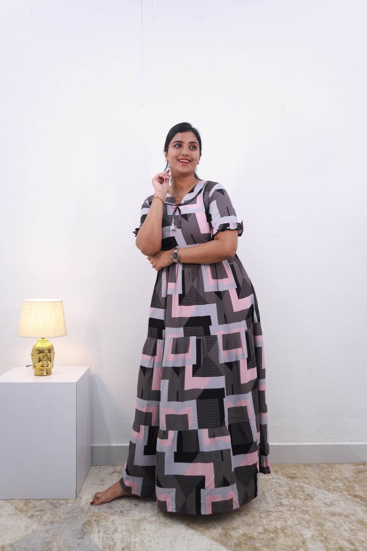 Mangai 3 Layer Frock Model Nighties Soft and Smooth Premium Quality Rayon Material , Fancy Frilled Sleeve Side Pocket , Back tie Rope Stylish Collection's for Trendy Women's (MRK)