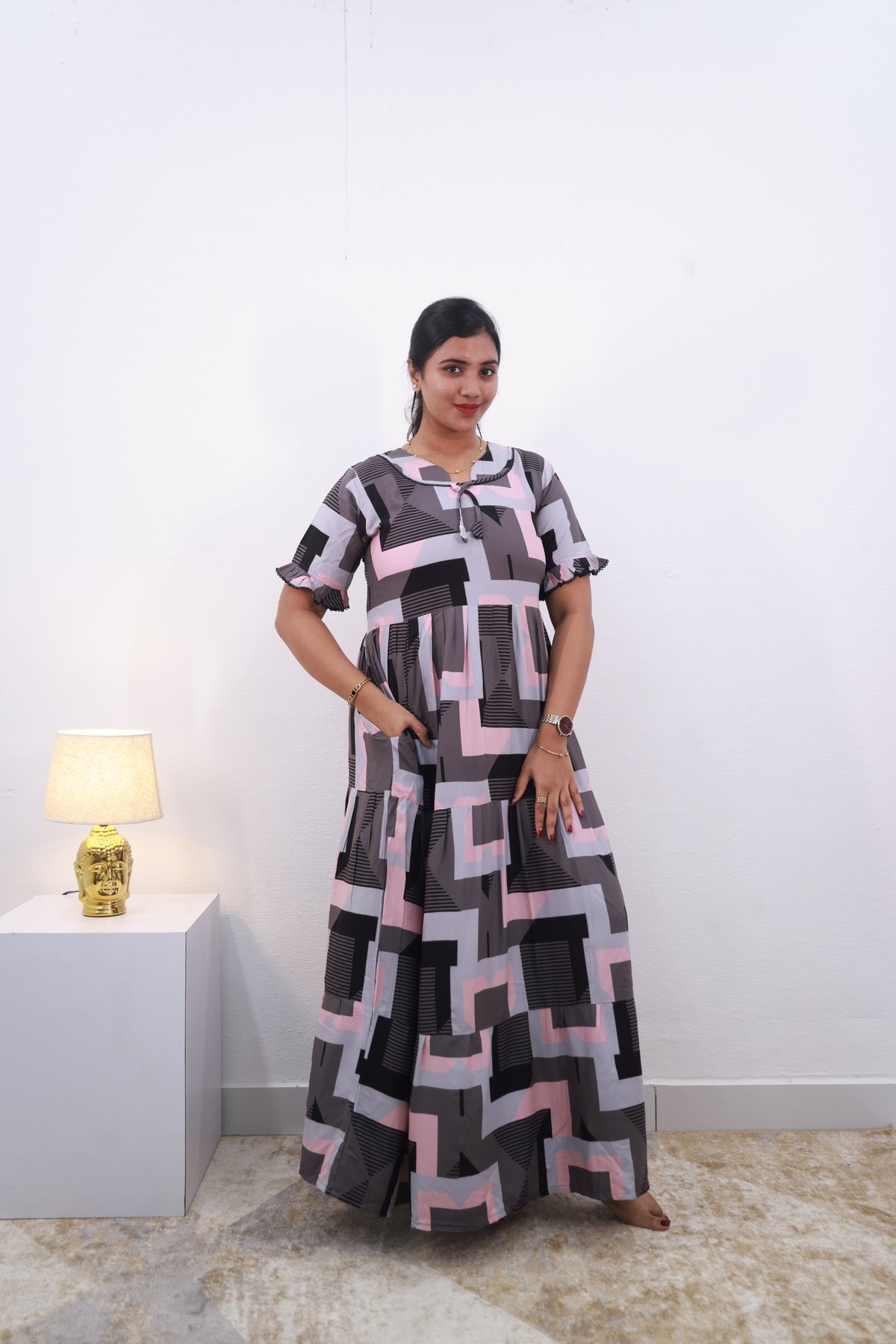 Mangai 3 Layer Frock Model Nighties Soft and Smooth Premium Quality Rayon Material , Fancy Frilled Sleeve Side Pocket , Back tie Rope Stylish Collection's for Trendy Women's (MRK)