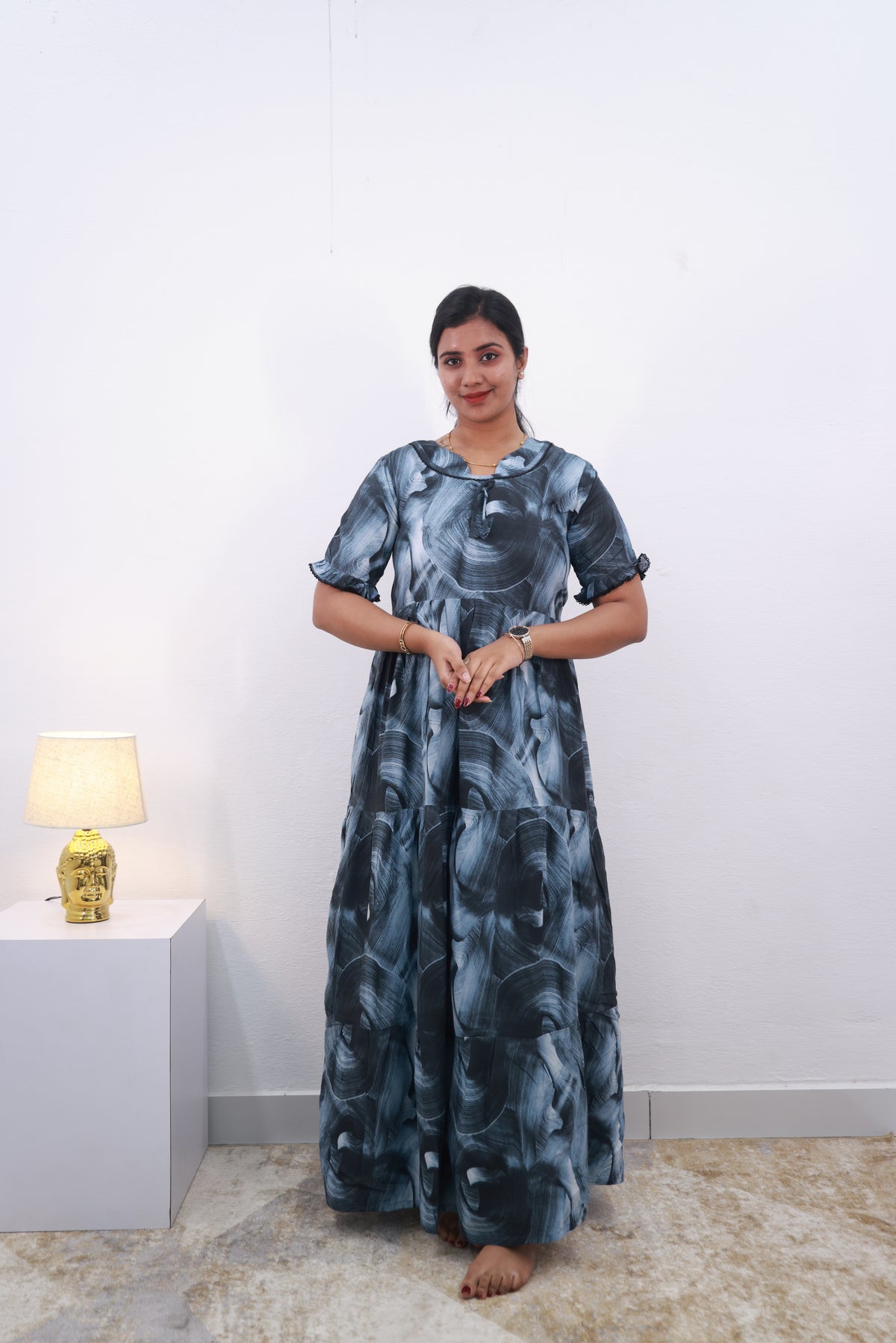 Mangai 3 Layer Frock Model Nighties Soft and Smooth Premium Quality Rayon Material , Fancy Frilled Sleeve Side Pocket , Back tie Rope Stylish Collection's for Trendy Women's (MRK)