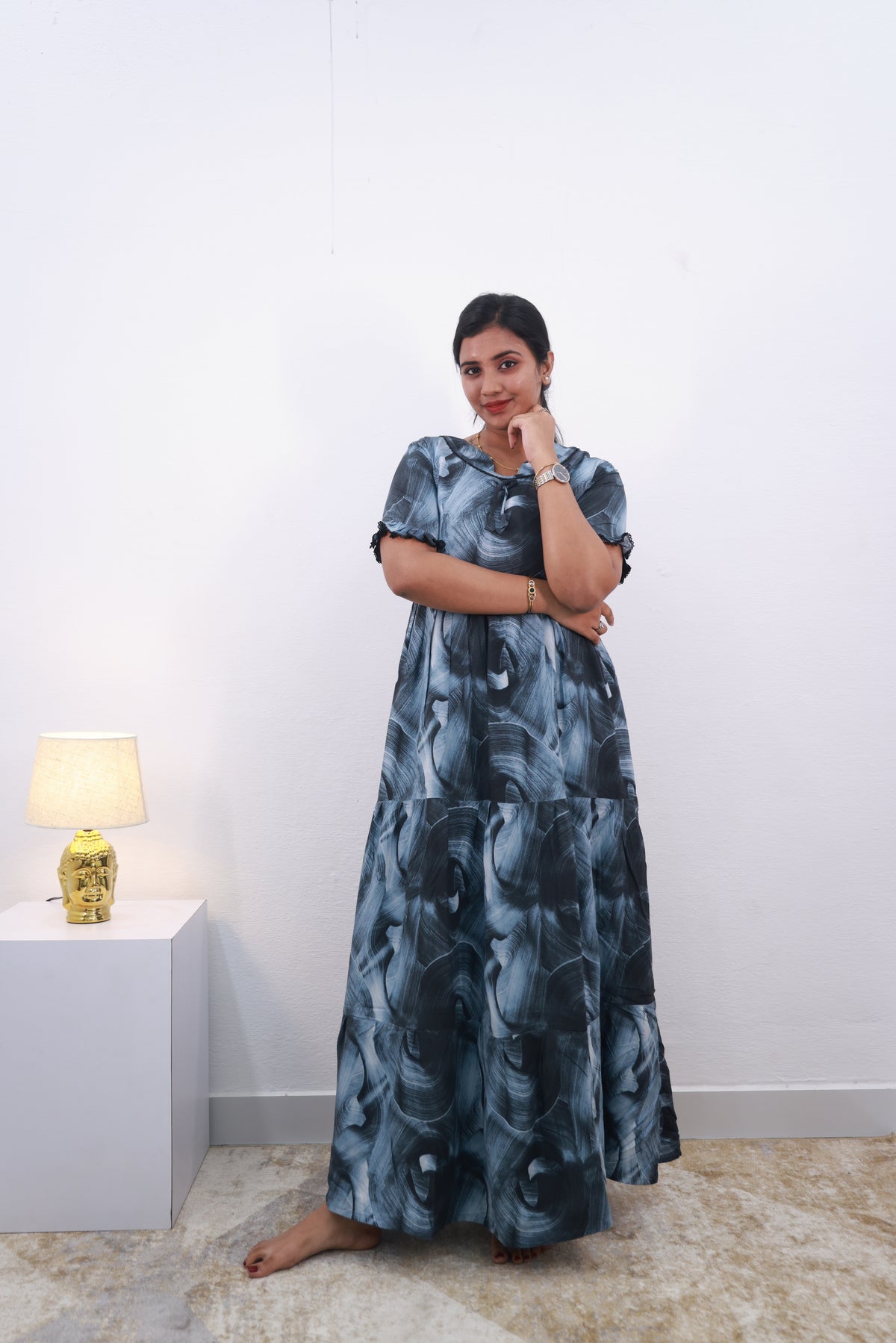 Mangai 3 Layer Frock Model Nighties Soft and Smooth Premium Quality Rayon Material , Fancy Frilled Sleeve Side Pocket , Back tie Rope Stylish Collection's for Trendy Women's (MRK)