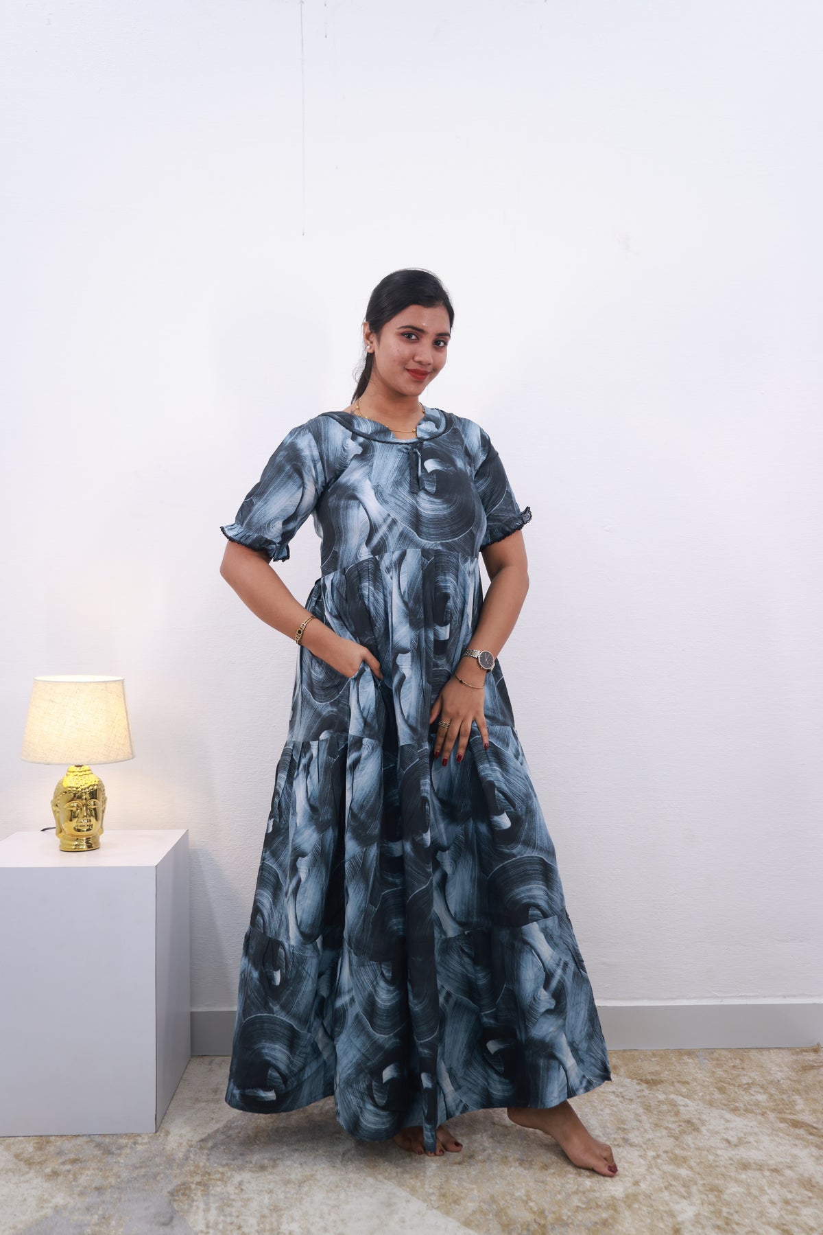 Mangai 3 Layer Frock Model Nighties Soft and Smooth Premium Quality Rayon Material , Fancy Frilled Sleeve Side Pocket , Back tie Rope Stylish Collection's for Trendy Women's (MRK)