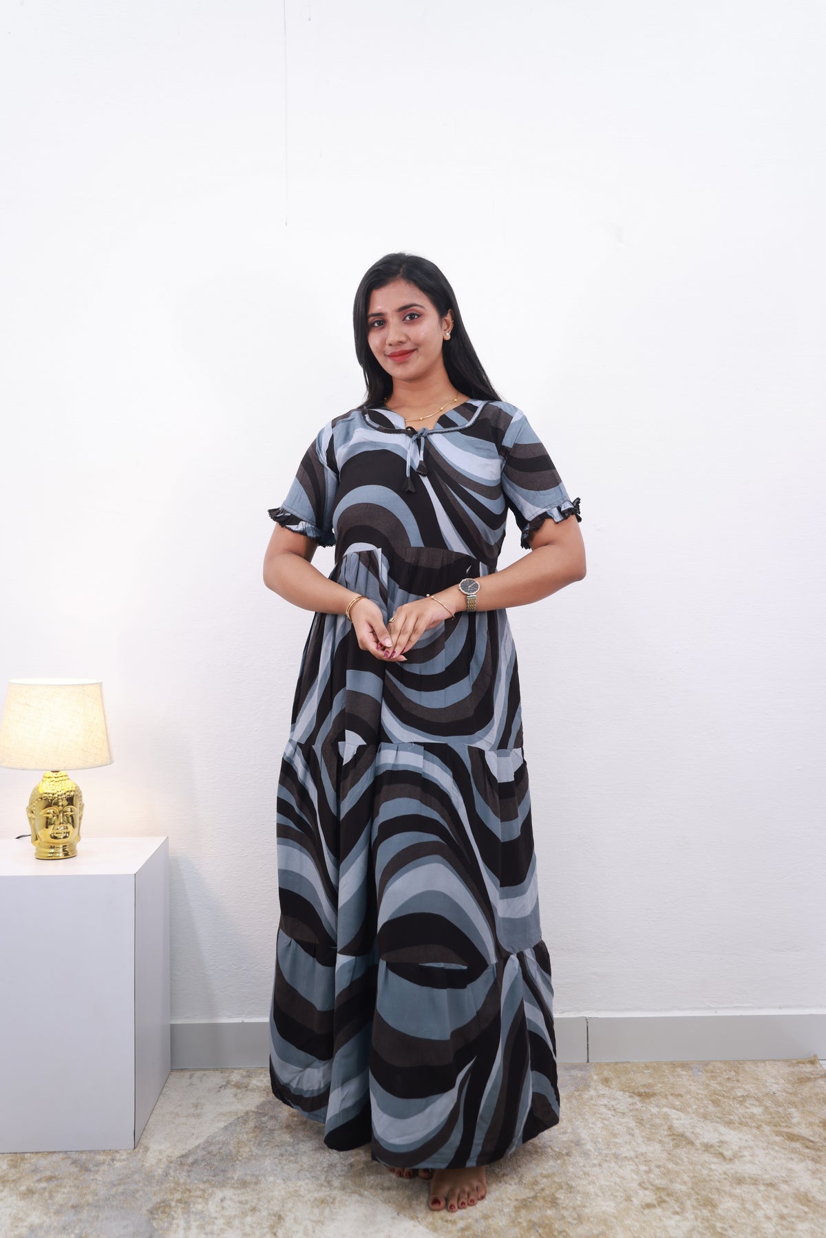 Mangai 3 Layer Frock Model Nighties Soft and Smooth Premium Quality Rayon Material , Fancy Frilled Sleeve Side Pocket , Back tie Rope Stylish Collection's for Trendy Women's (MRK)