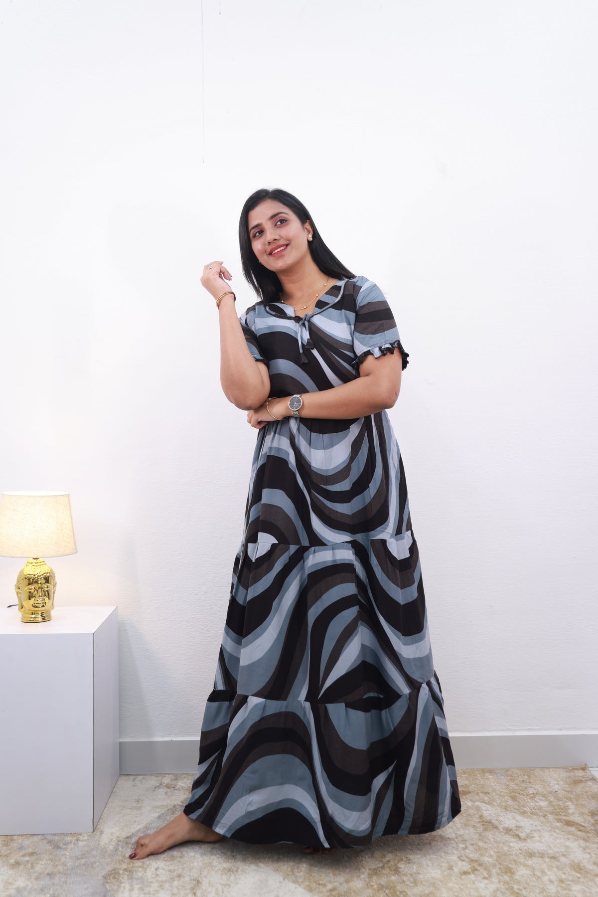 Mangai 3 Layer Frock Model Nighties Soft and Smooth Premium Quality Rayon Material , Fancy Frilled Sleeve Side Pocket , Back tie Rope Stylish Collection's for Trendy Women's (MRK)