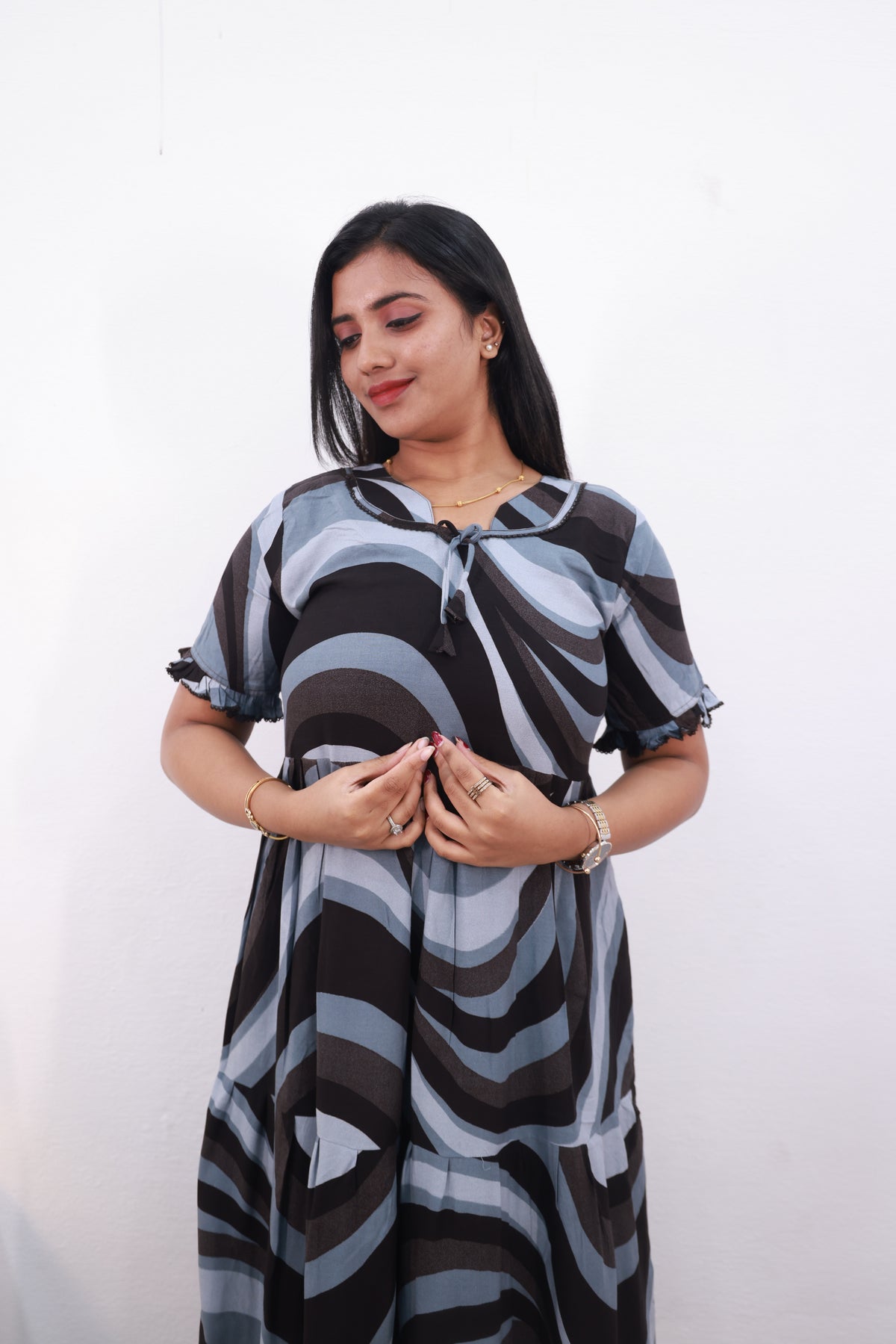 Mangai 3 Layer Frock Model Nighties Soft and Smooth Premium Quality Rayon Material , Fancy Frilled Sleeve Side Pocket , Back tie Rope Stylish Collection's for Trendy Women's (MRK)