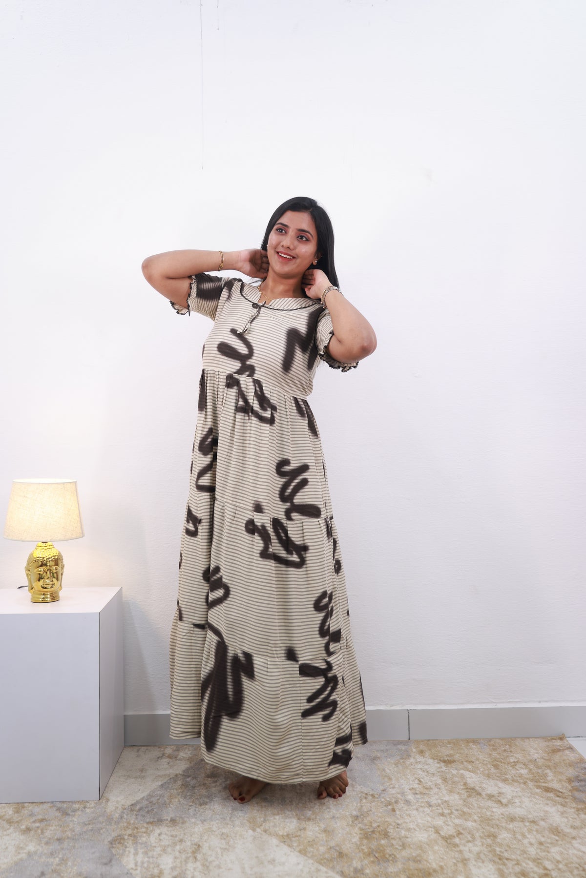 Mangai 3 Layer Reversible Design Frock Model Nighties Soft and Smooth Premium Quality Rayon Material , Fancy Frilled Sleeve, Side Pocket , Back tie Rope , Stylish Collection's for Trendy Women's (MRK)