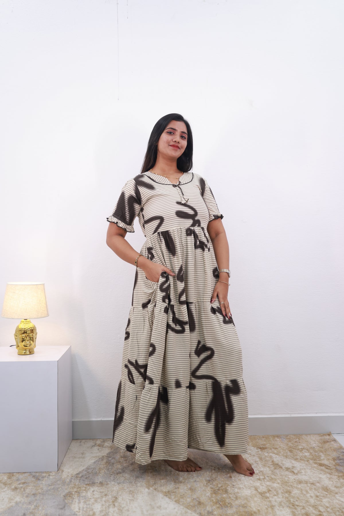 Mangai 3 Layer Reversible Design Frock Model Nighties Soft and Smooth Premium Quality Rayon Material , Fancy Frilled Sleeve, Side Pocket , Back tie Rope , Stylish Collection's for Trendy Women's (MRK)