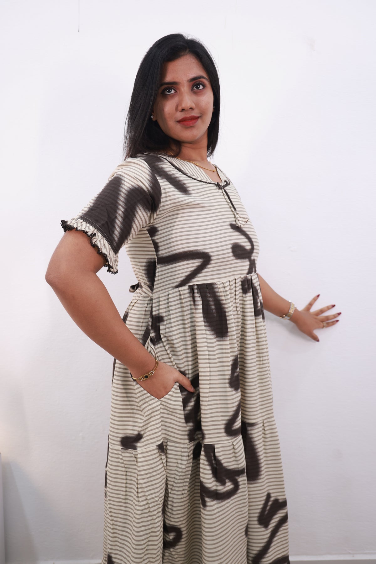 Mangai 3 Layer Reversible Design Frock Model Nighties Soft and Smooth Premium Quality Rayon Material , Fancy Frilled Sleeve, Side Pocket , Back tie Rope , Stylish Collection's for Trendy Women's (MRK)