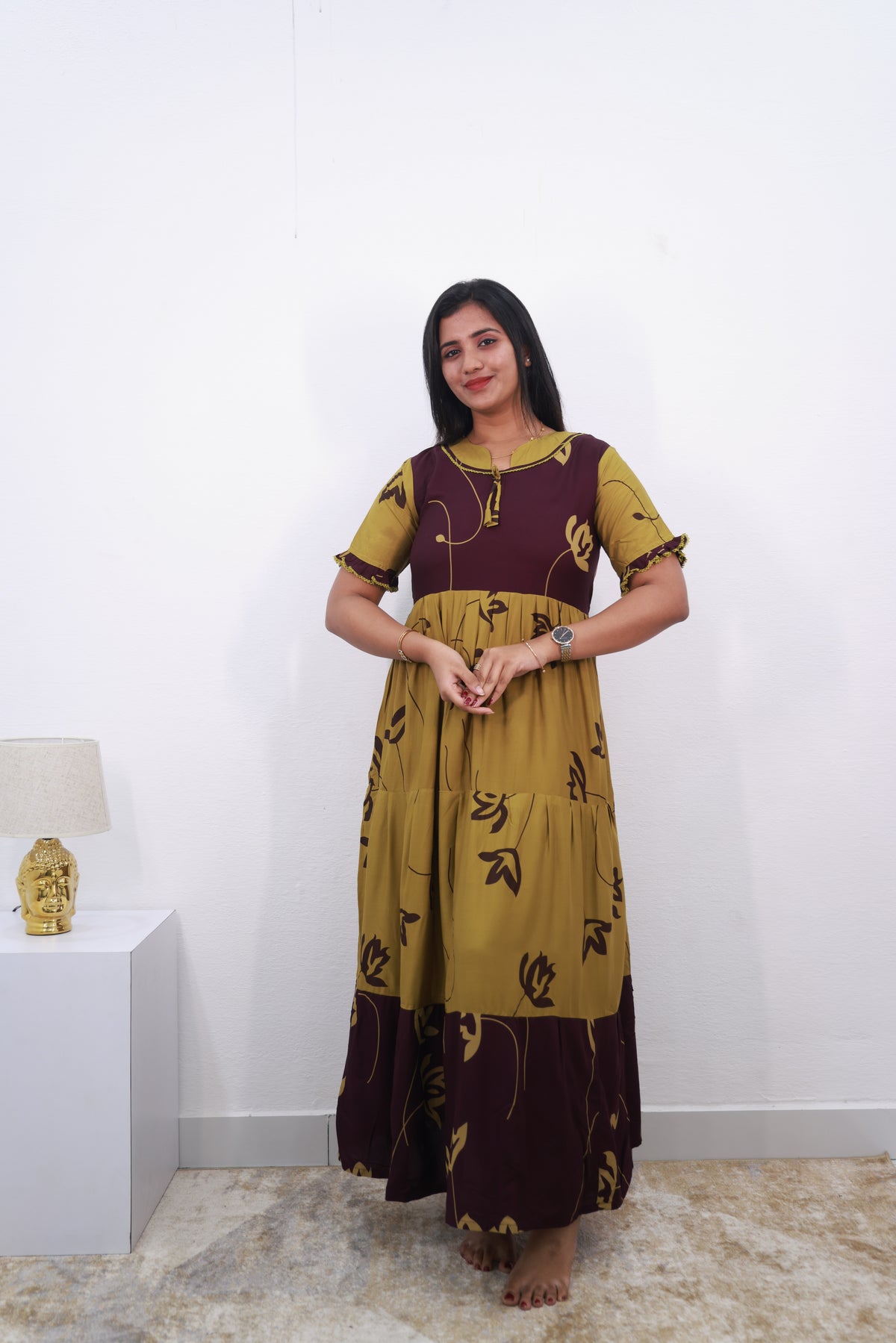 Mangai 3 Layer Reversible Design Frock Model Nighties Soft and Smooth Premium Quality Rayon Material , Fancy Frilled Sleeve, Side Pocket , Back tie Rope , Stylish Collection's for Trendy Women's (MRK)