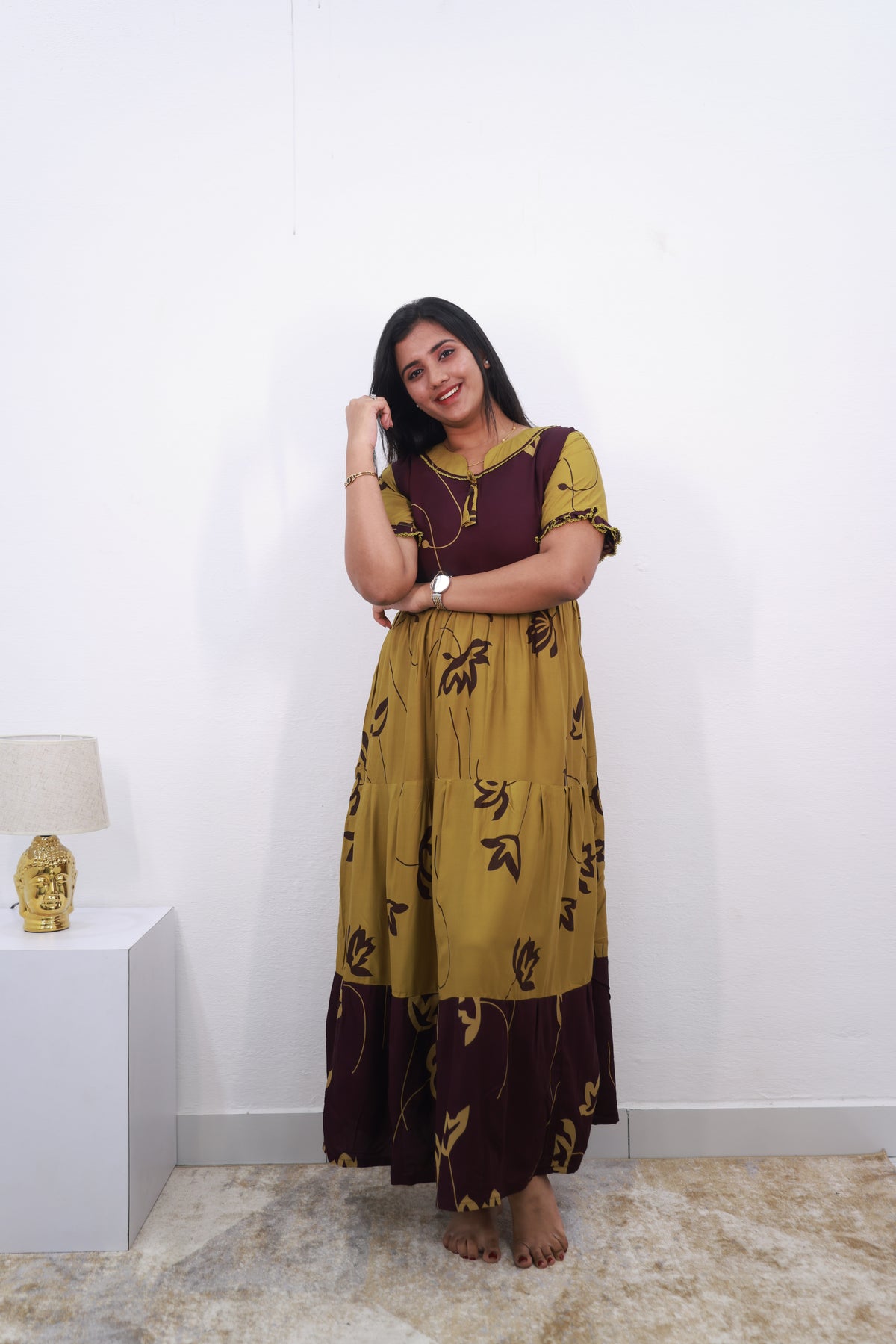 Mangai 3 Layer Reversible Design Frock Model Nighties Soft and Smooth Premium Quality Rayon Material , Fancy Frilled Sleeve, Side Pocket , Back tie Rope , Stylish Collection's for Trendy Women's (MRK)