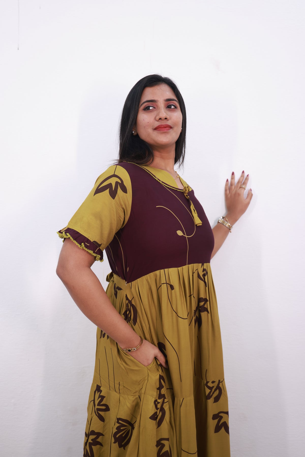 Mangai 3 Layer Reversible Design Frock Model Nighties Soft and Smooth Premium Quality Rayon Material , Fancy Frilled Sleeve, Side Pocket , Back tie Rope , Stylish Collection's for Trendy Women's (MRK)