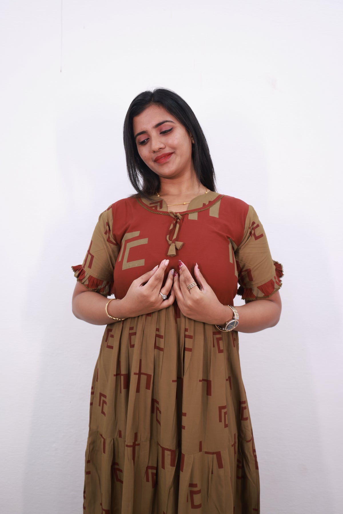 Mangai 3 Layer Reversible Frock Model Nighties Soft and Smooth Premium Quality Rayon Material , Fancy Frilled Sleeve, Side Pocket , Back tie Rope , Stylish Collection's for Trendy Women's (MRK)