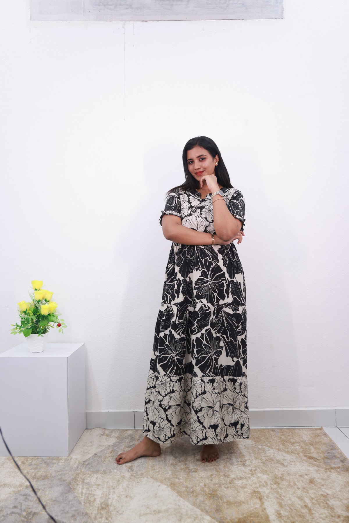 Mangai 3 Layer Reversible Design Frock Model Nighties Soft and Smooth Premium Quality Rayon Material , Fancy Frilled Sleeve, Side Pocket , Back tie Rope , Stylish Collection's for Trendy Women's (MRK)