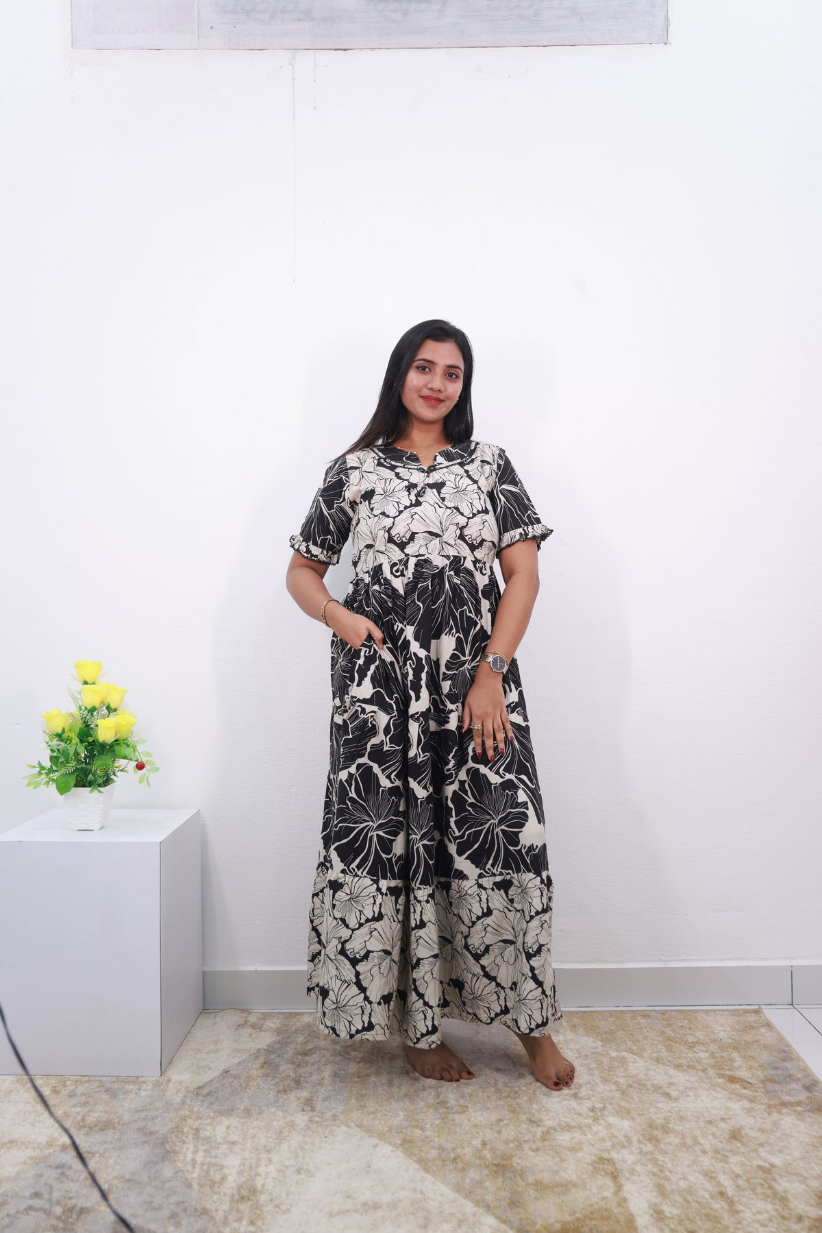 Mangai 3 Layer Reversible Design Frock Model Nighties Soft and Smooth Premium Quality Rayon Material , Fancy Frilled Sleeve, Side Pocket , Back tie Rope , Stylish Collection's for Trendy Women's (MRK)