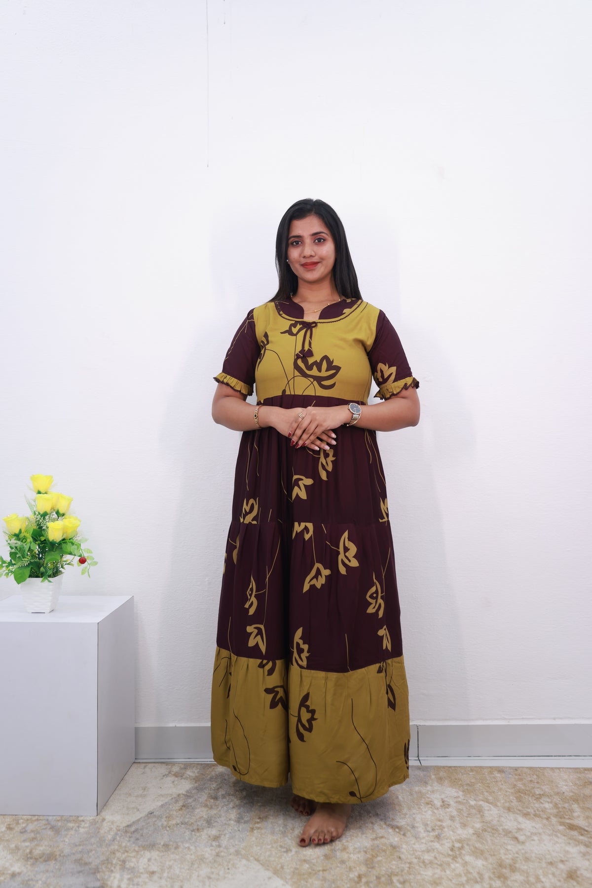 Mangai 3 Layer Reversible Design Frock Model Nighties Soft and Smooth Premium Quality Rayon Material , Fancy Frilled Sleeve, Side Pocket , Back tie Rope , Stylish Collection's for Trendy Women's (MRK)