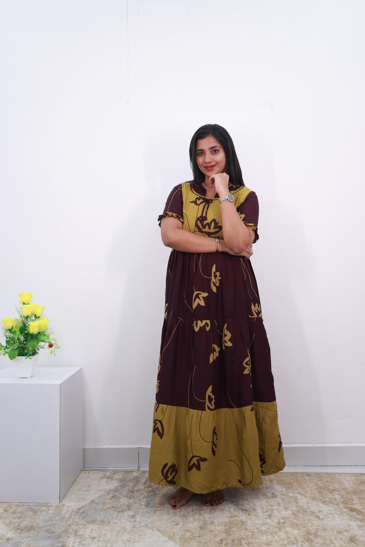 Mangai 3 Layer Reversible Design Frock Model Nighties Soft and Smooth Premium Quality Rayon Material , Fancy Frilled Sleeve, Side Pocket , Back tie Rope , Stylish Collection's for Trendy Women's (MRK)