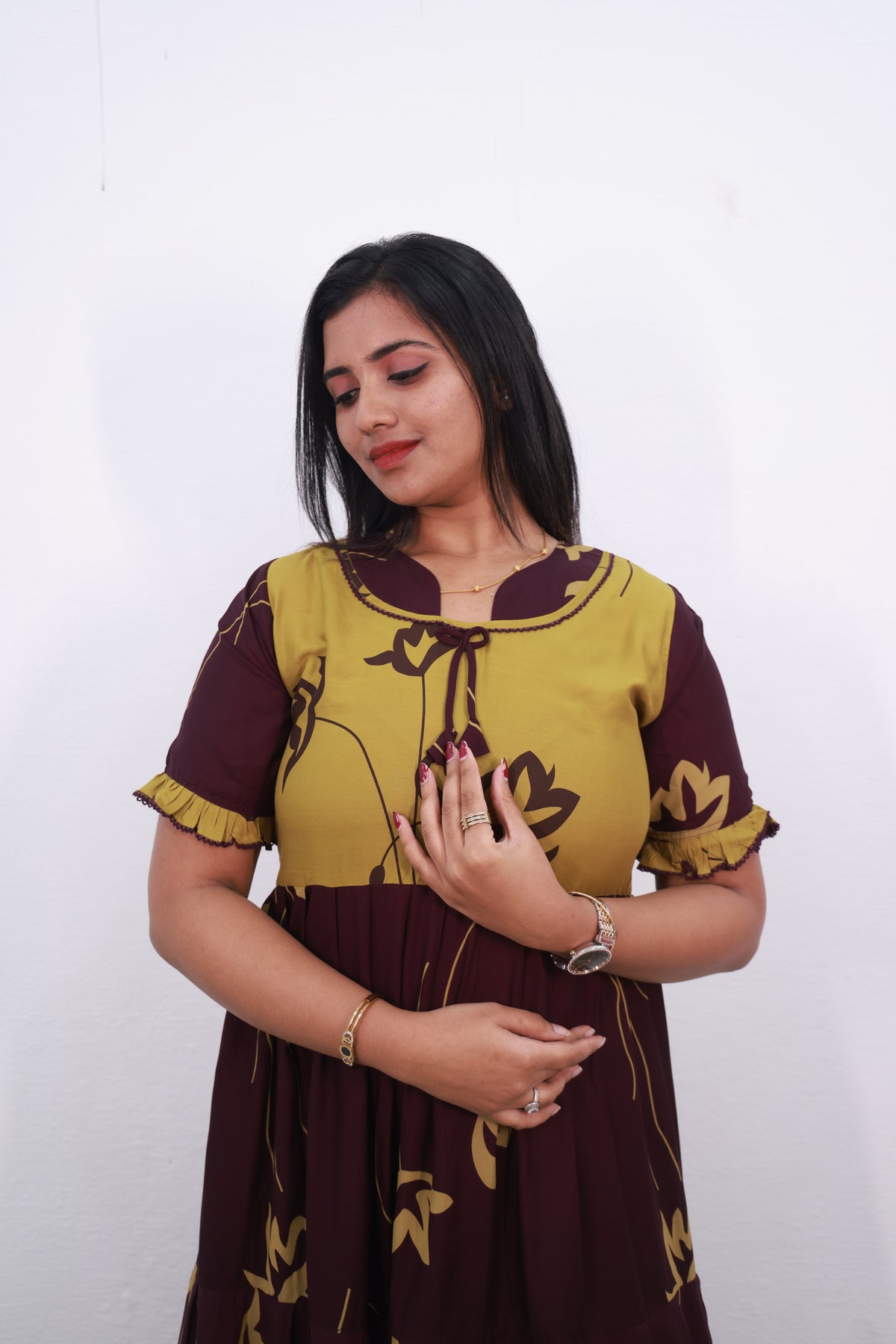 Mangai 3 Layer Reversible Design Frock Model Nighties Soft and Smooth Premium Quality Rayon Material , Fancy Frilled Sleeve, Side Pocket , Back tie Rope , Stylish Collection's for Trendy Women's (MRK)