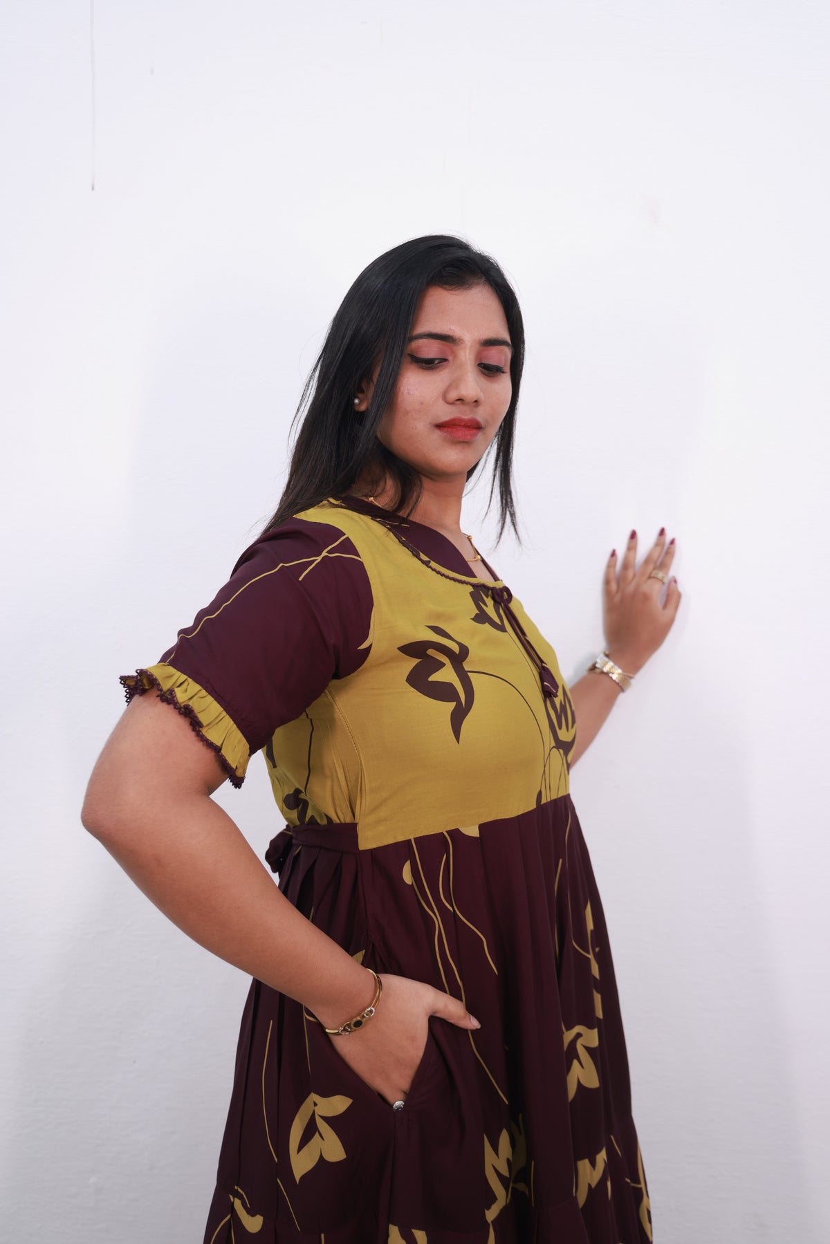 Mangai 3 Layer Reversible Design Frock Model Nighties Soft and Smooth Premium Quality Rayon Material , Fancy Frilled Sleeve, Side Pocket , Back tie Rope , Stylish Collection's for Trendy Women's (MRK)