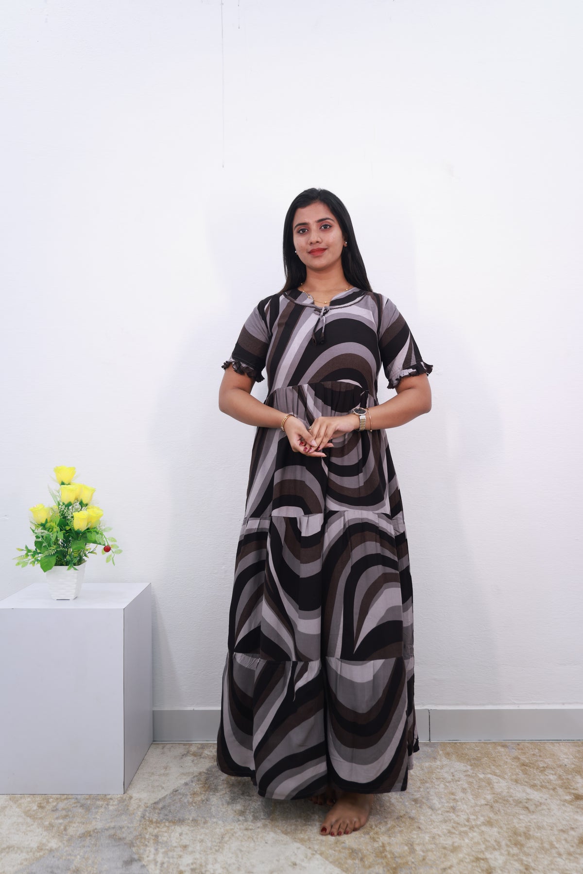 Mangai 3 Layer Frock Model Nighties Soft and Smooth Premium Quality Rayon Material , Fancy Frilled Sleeve Side Pocket , Back tie Rope Stylish Collection's for Trendy Women's (MRK)