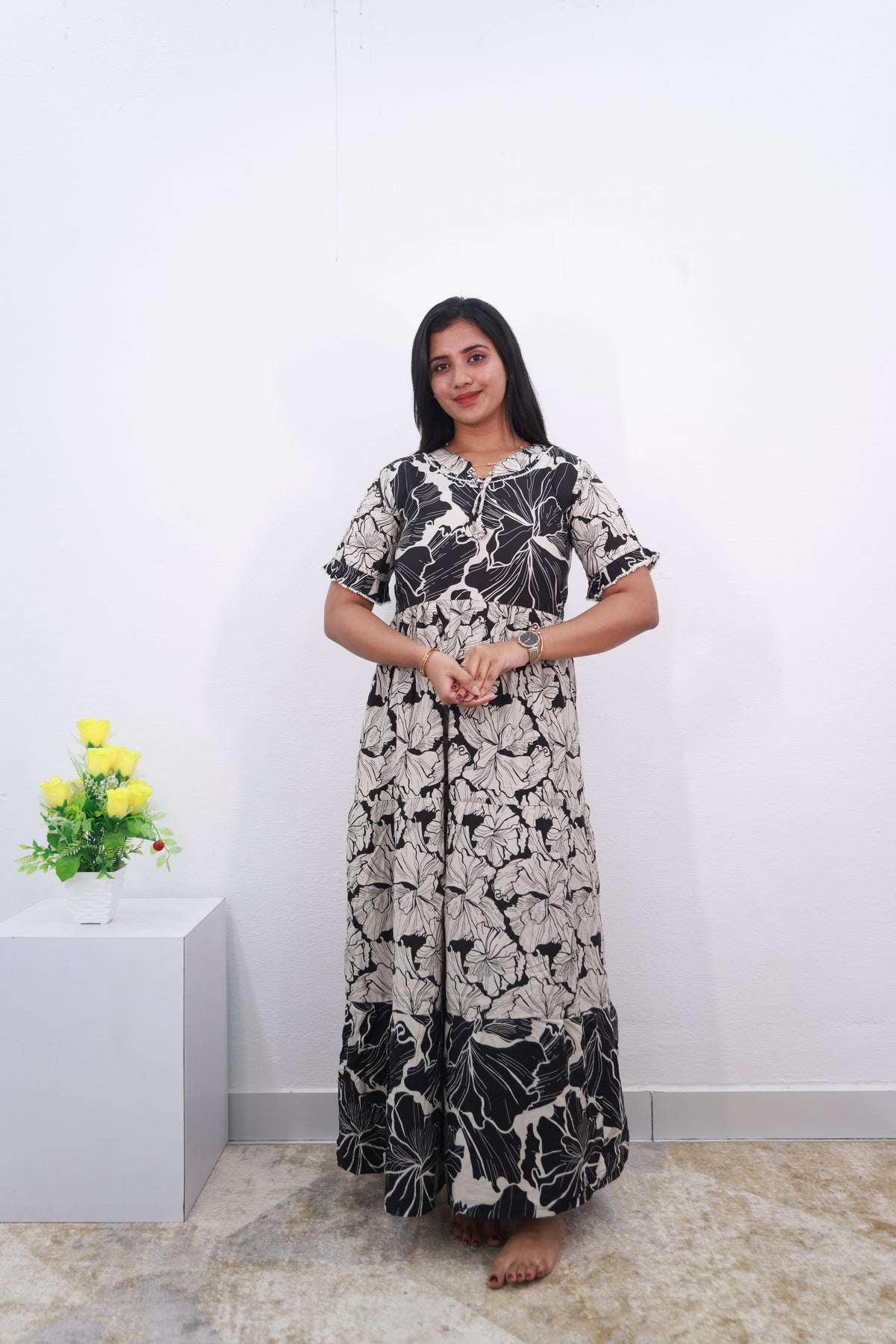 Mangai 3 Layer Reversible Design Frock Model Nighties Soft and Smooth Premium Quality Rayon Material , Fancy Frilled Sleeve, Side Pocket , Back tie Rope , Stylish Collection's for Trendy Women's (MRK)