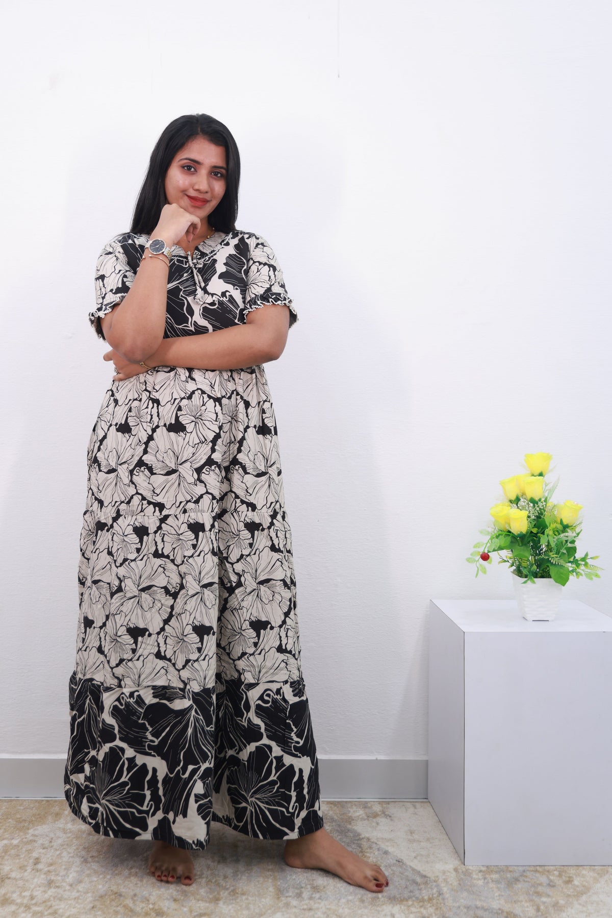 Mangai 3 Layer Reversible Design Frock Model Nighties Soft and Smooth Premium Quality Rayon Material , Fancy Frilled Sleeve, Side Pocket , Back tie Rope , Stylish Collection's for Trendy Women's (MRK)