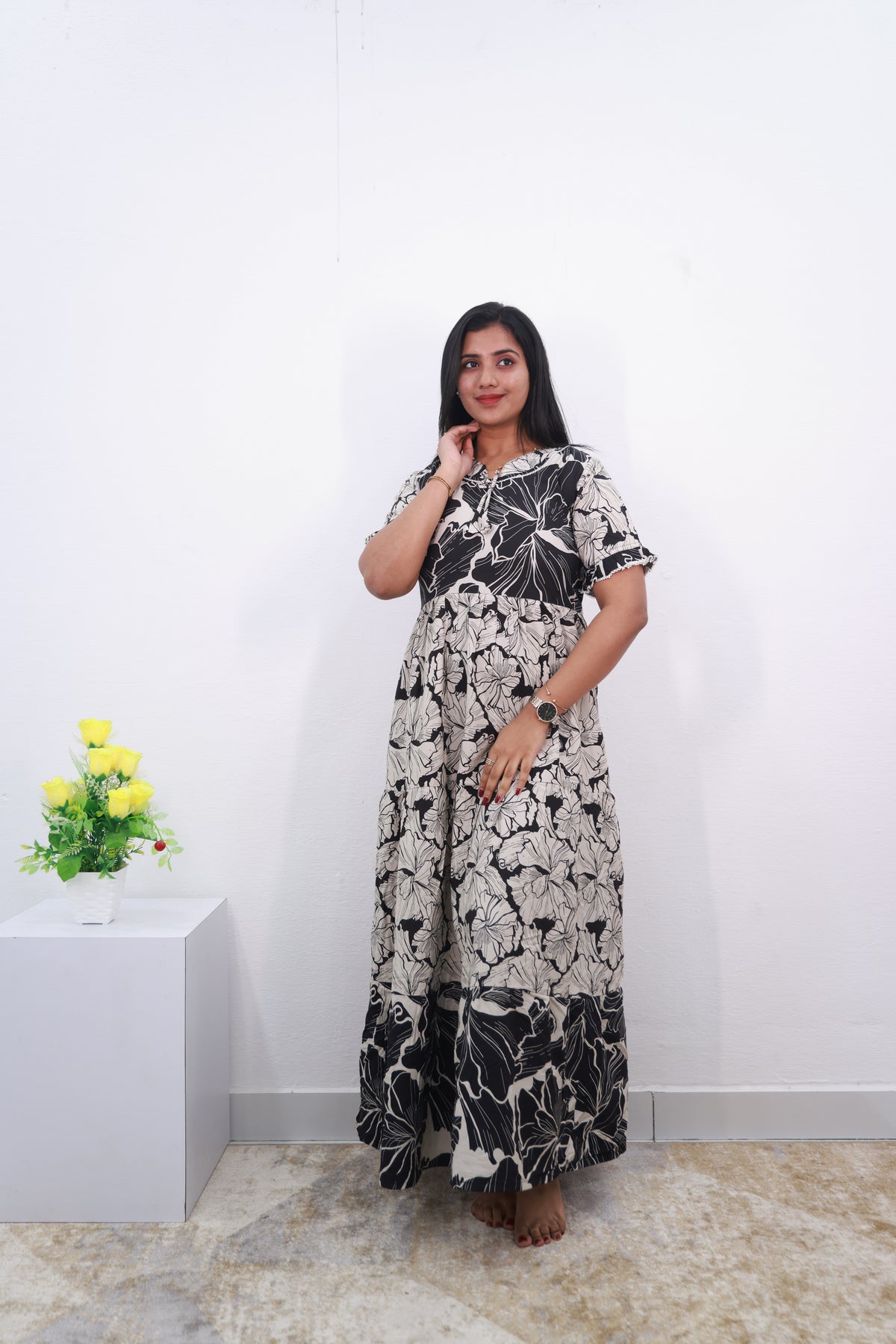 Mangai 3 Layer Reversible Design Frock Model Nighties Soft and Smooth Premium Quality Rayon Material , Fancy Frilled Sleeve, Side Pocket , Back tie Rope , Stylish Collection's for Trendy Women's (MRK)