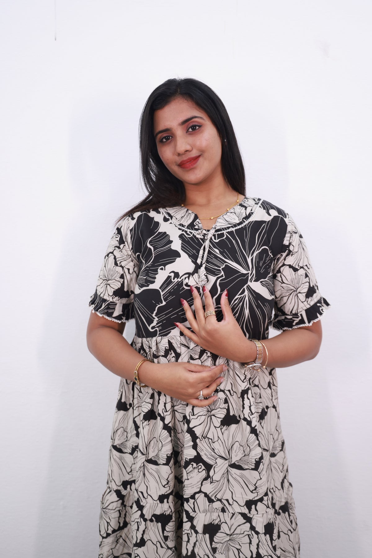 Mangai 3 Layer Reversible Design Frock Model Nighties Soft and Smooth Premium Quality Rayon Material , Fancy Frilled Sleeve, Side Pocket , Back tie Rope , Stylish Collection's for Trendy Women's (MRK)